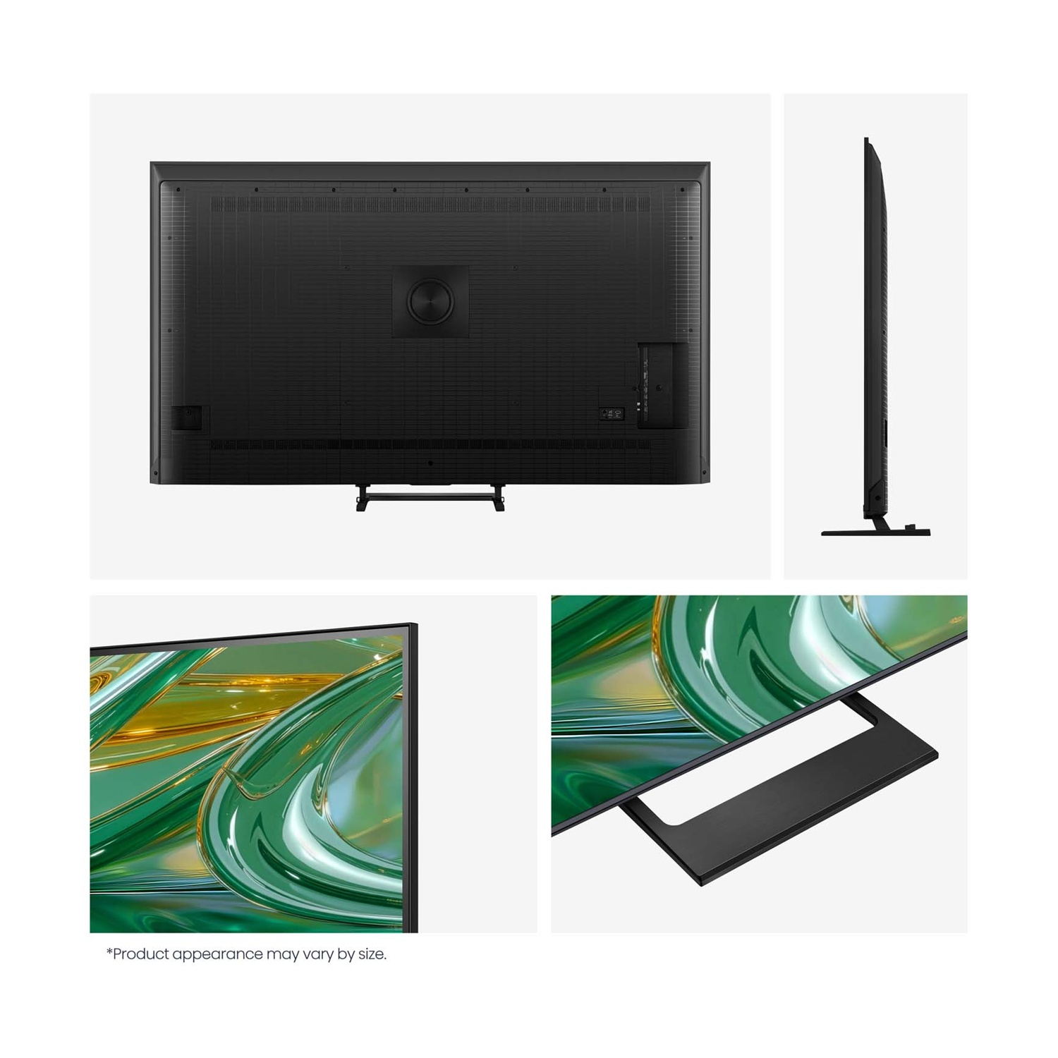 Una TV nera vista di fronte, di lato e di retro, con piedistallo e dettaglio schermo.