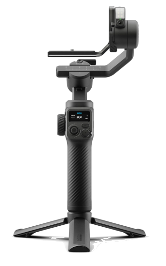 Czarny gimbal ze statywem. Pokazuje mały wyświetlacz i kontrolki.