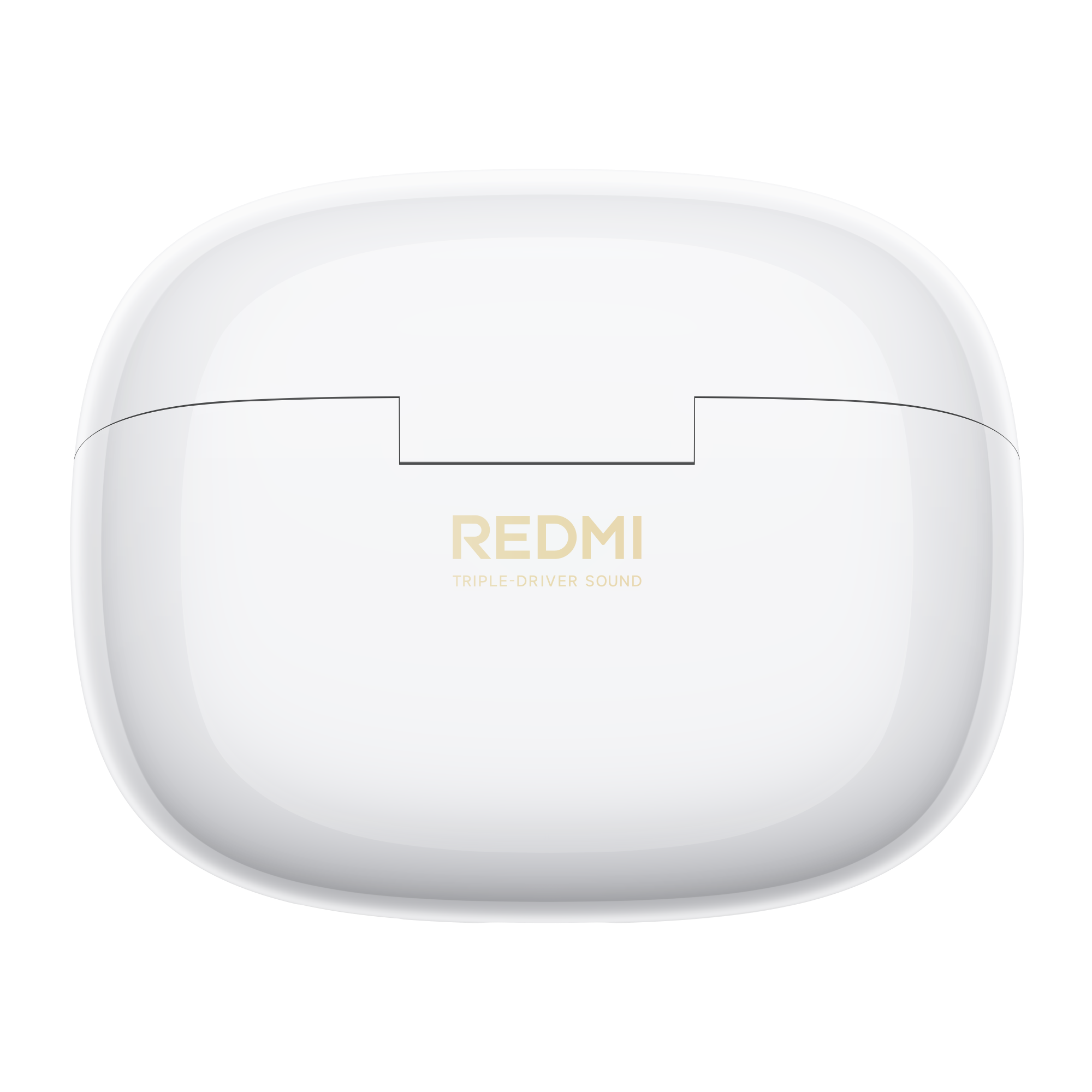 Zamknięte białe etui ładujące ze złotym napisem "REDMI".