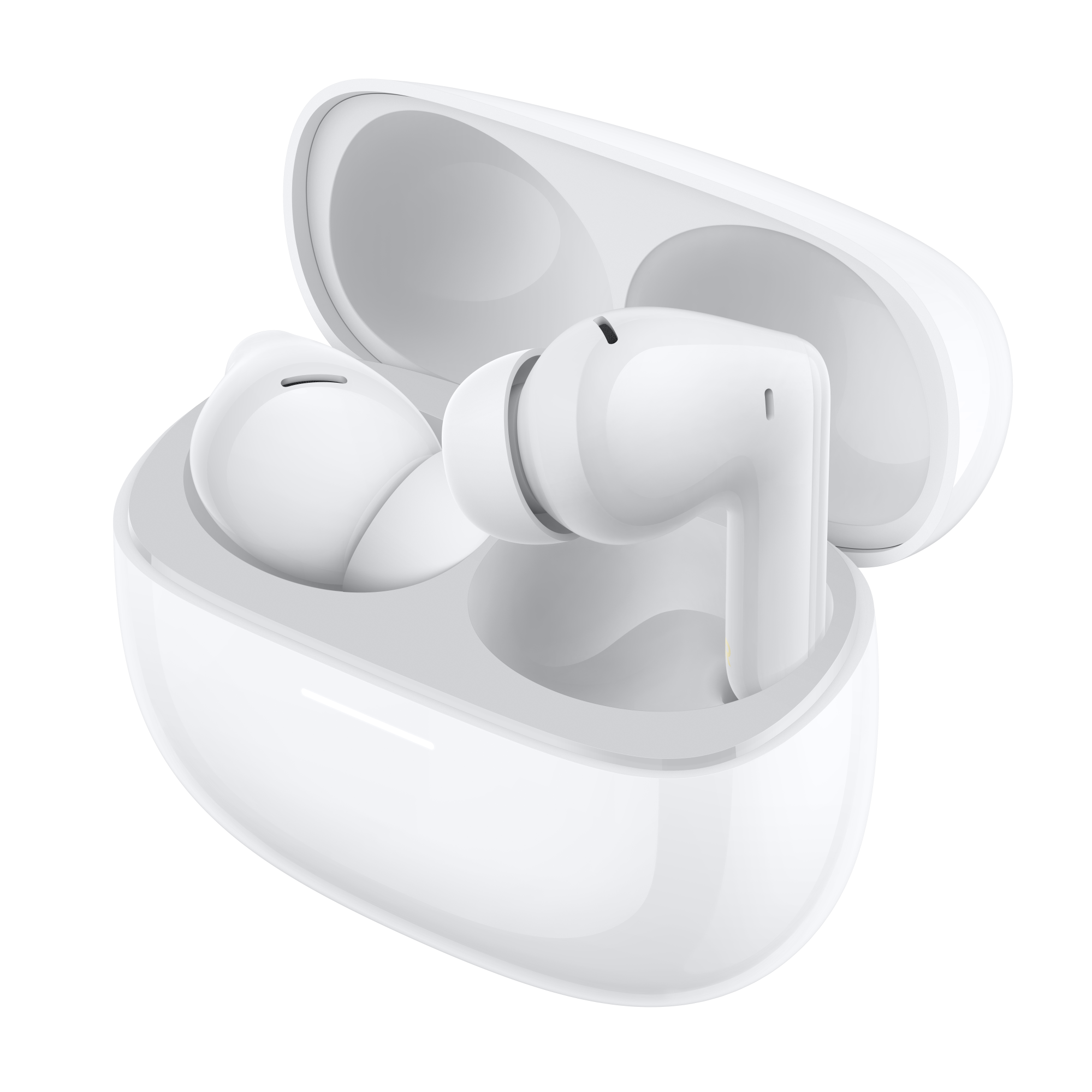 Białe słuchawki bezprzewodowe w otwartym etui ładującym na czarnym tle.