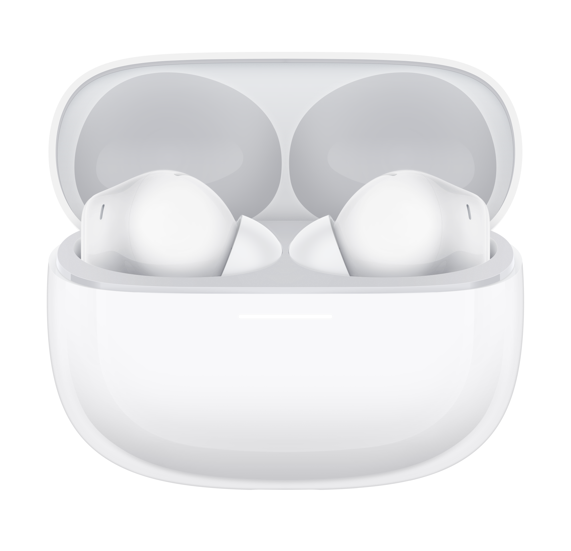 Białe słuchawki bezprzewodowe w otwartym etui ładującym.