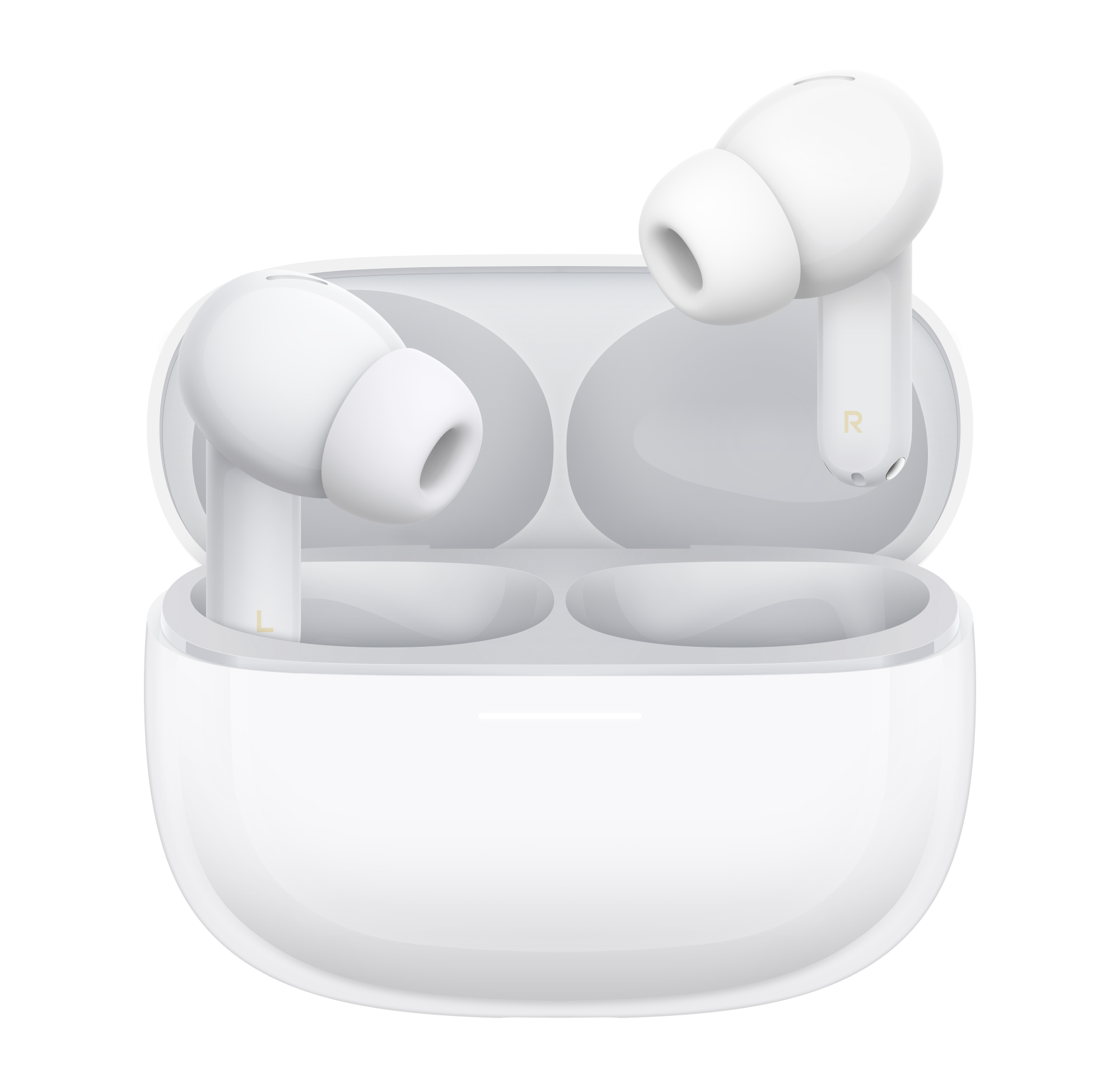 Białe słuchawki bezprzewodowe w otwartym etui ładującym.