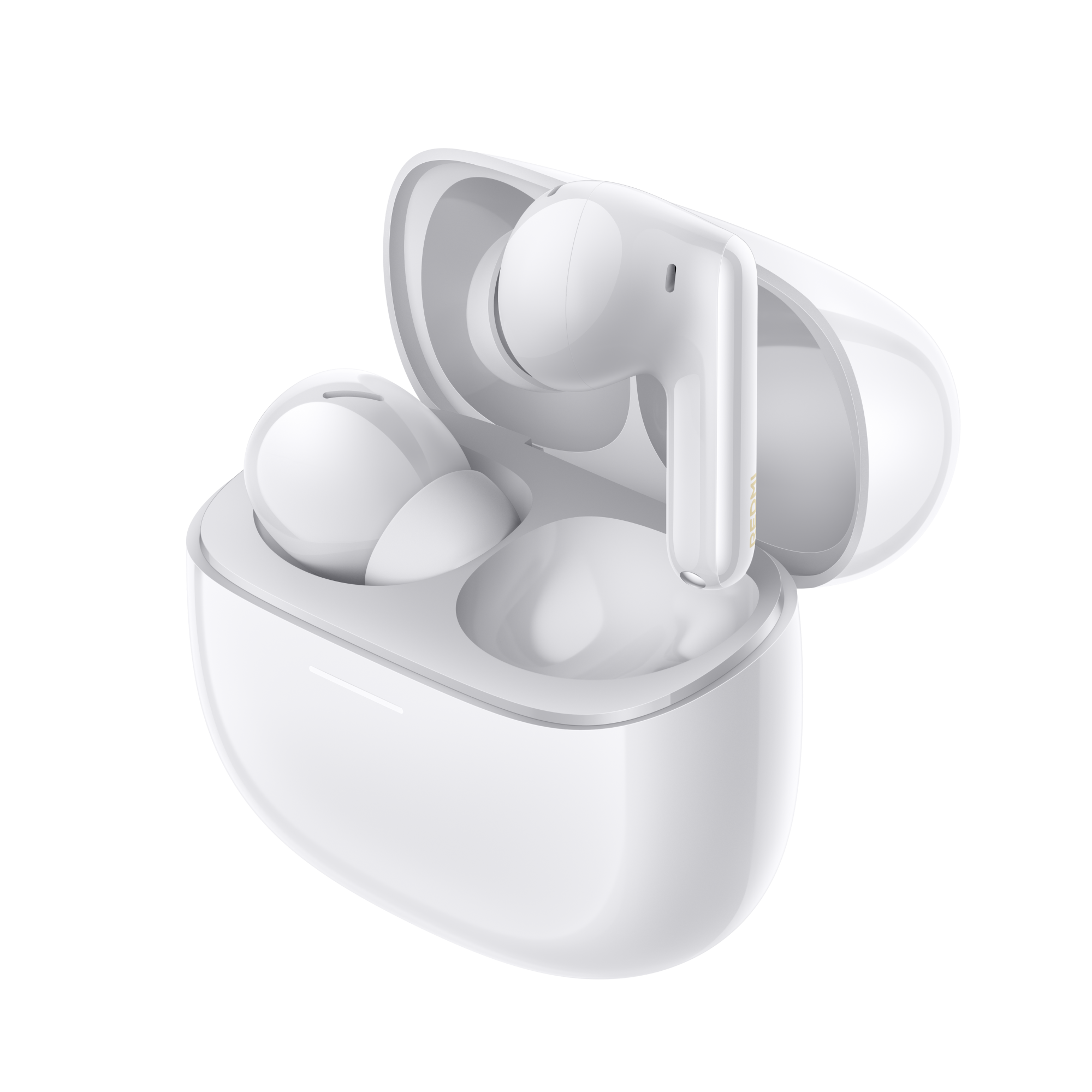 Białe słuchawki bezprzewodowe w otwartym etui ładującym.