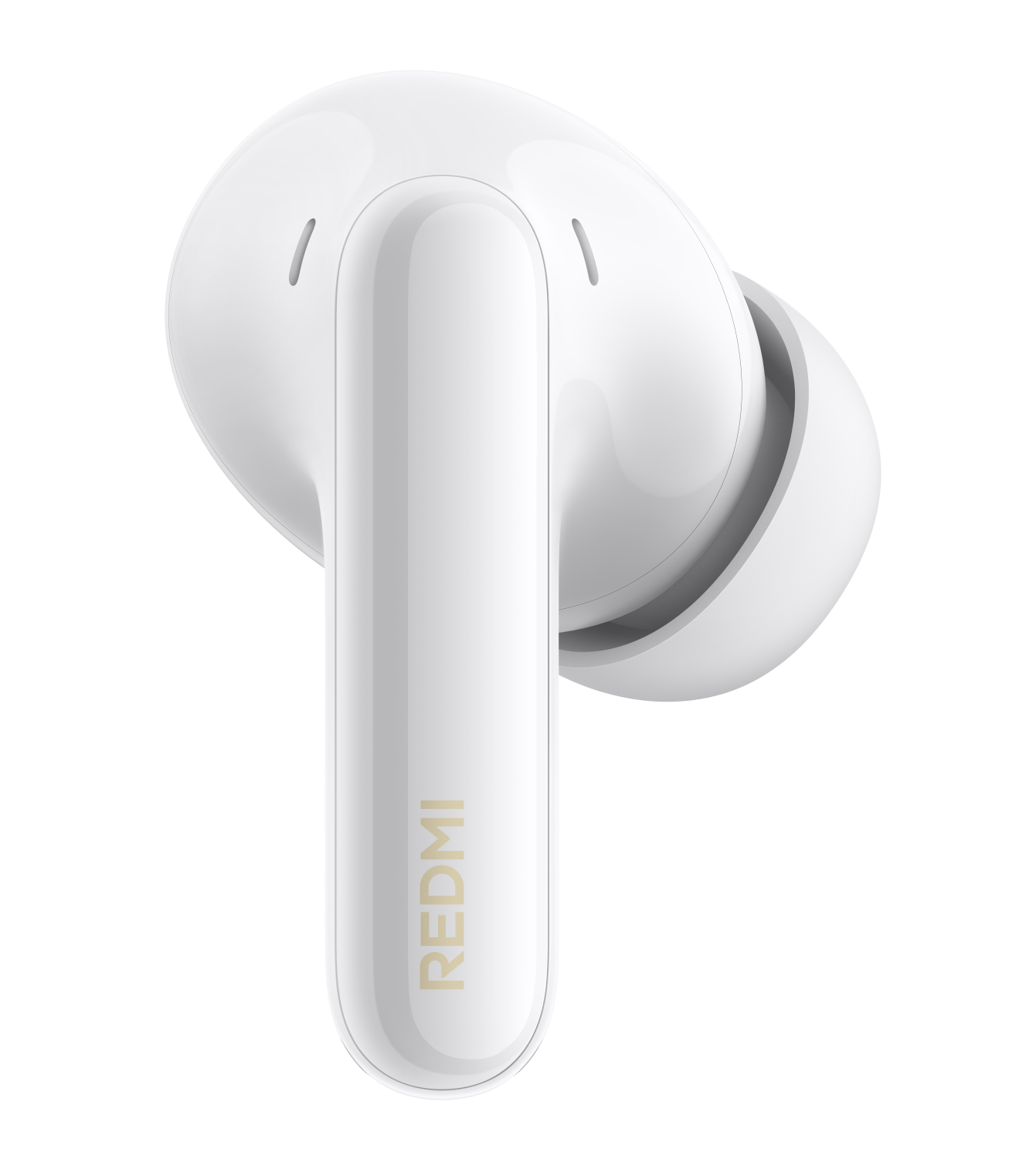Białe słuchawki Redmi ze złotym napisem, na czarnym tle.