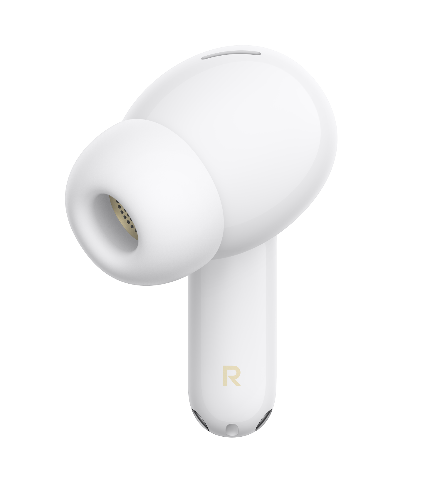 Biała prawa słuchawka z złotym symbolem R na czarnym tle.