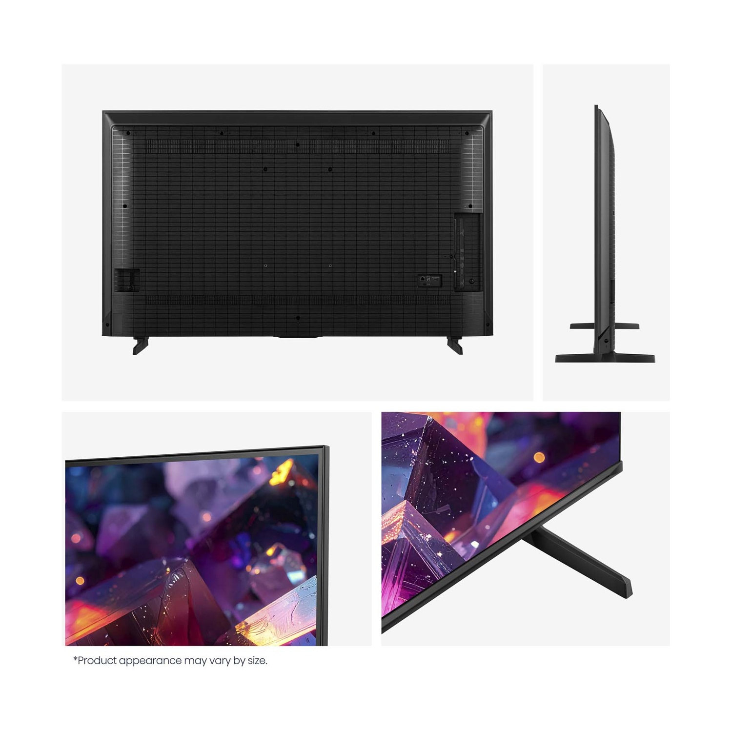 Una TV nera vista frontale, laterale e posteriore, con contenuto schermo.