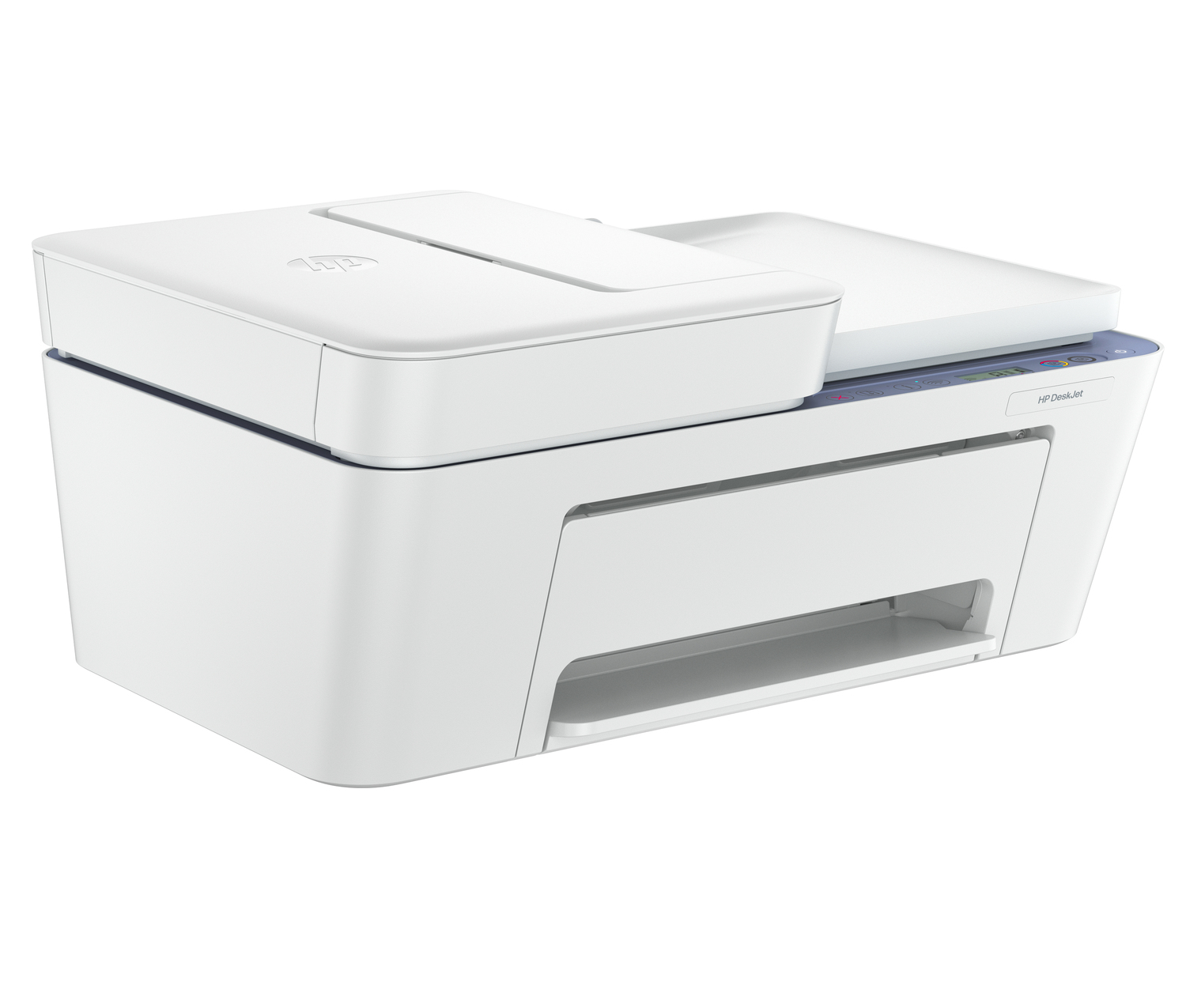 Una impresora HP DeskJet blanca con escáner y copiadora sobre fondo blanco.