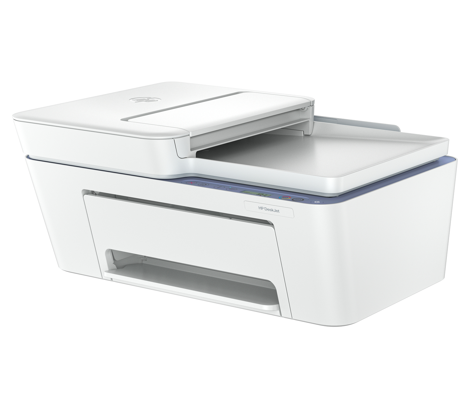 Una impresora HP DeskJet blanca con escáner y copiadora se muestra sobre un fondo blanco.