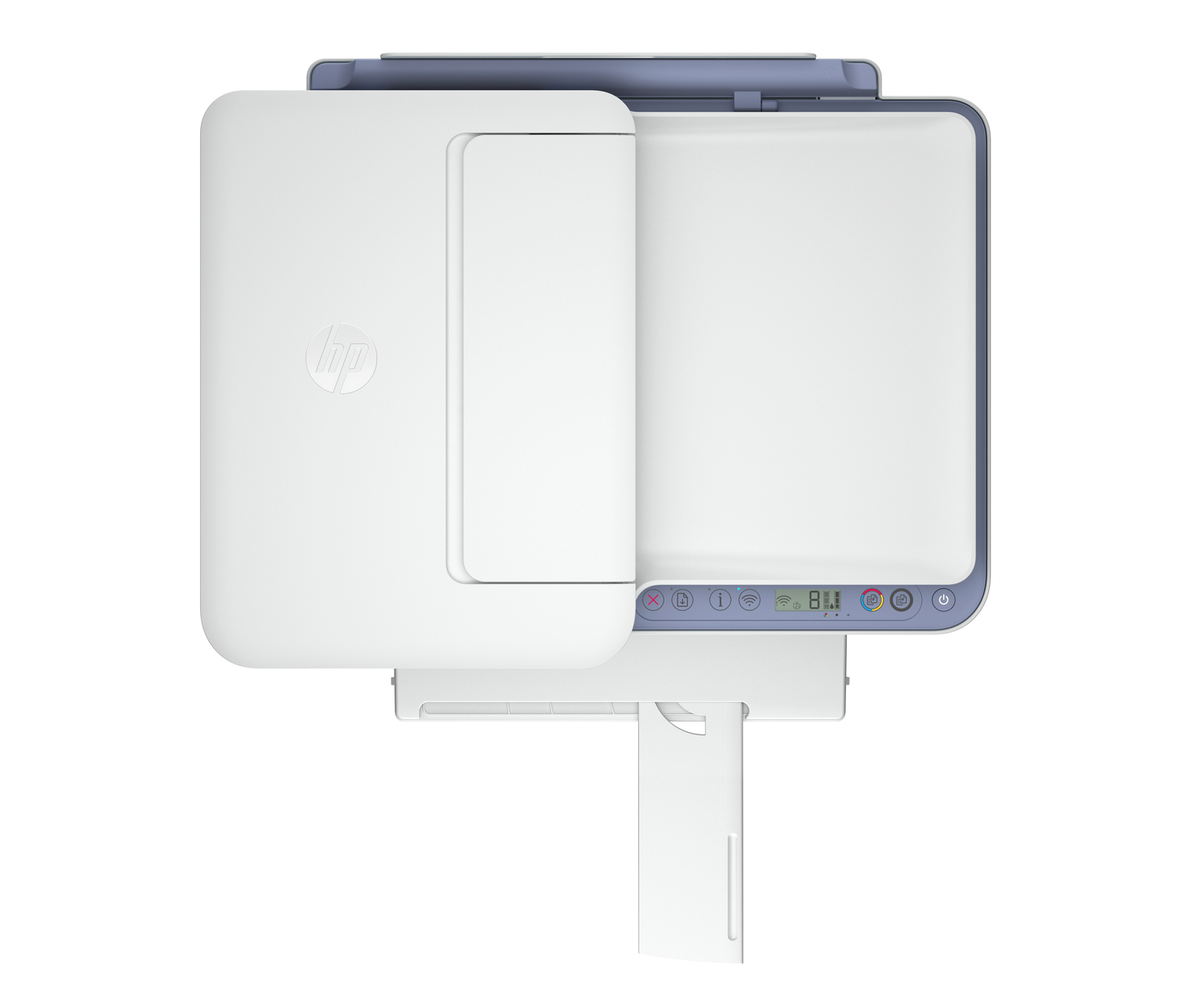 Combinación blanca de impresora y escáner HP con acento azul y panel de control.