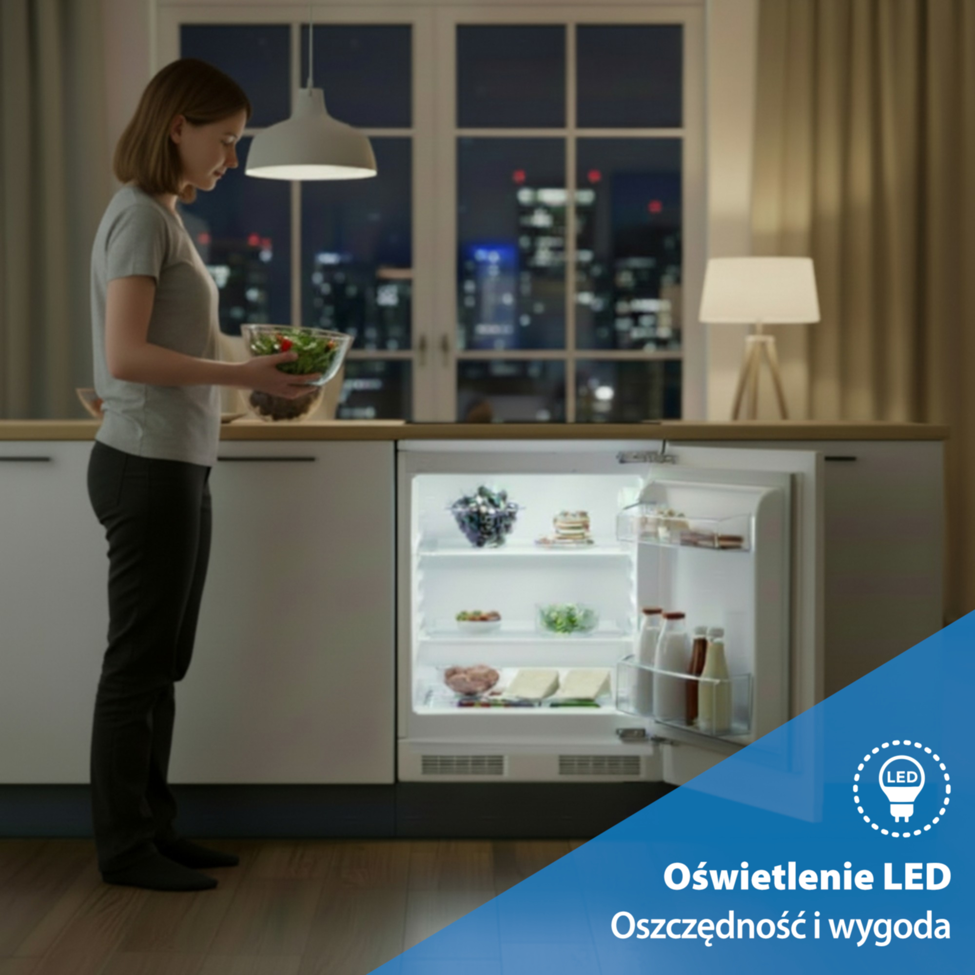 Kobieta trzyma sałatkę w lodówce z oświetleniem LED.