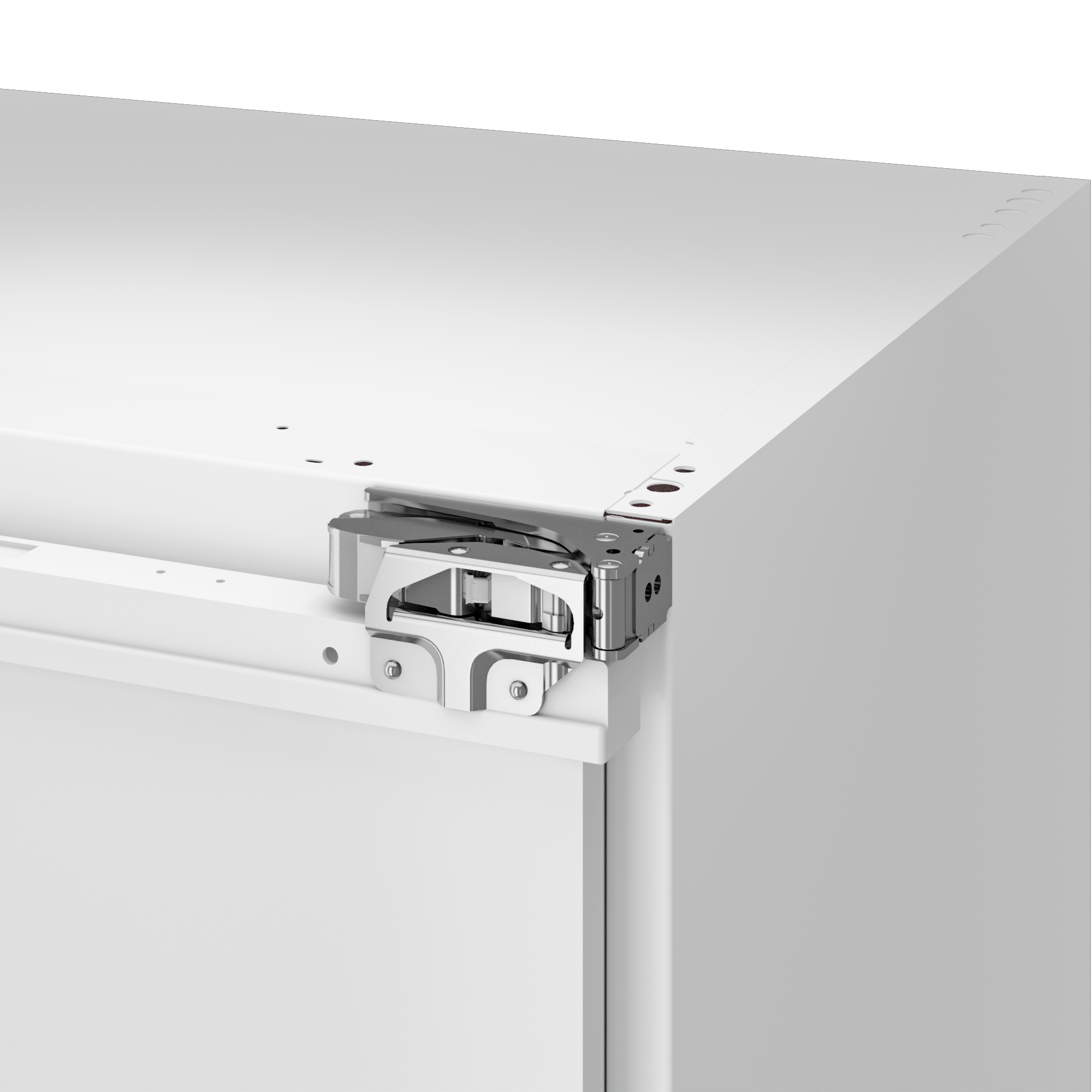 Metalowy zawias na białej szafce, zbliżenie.