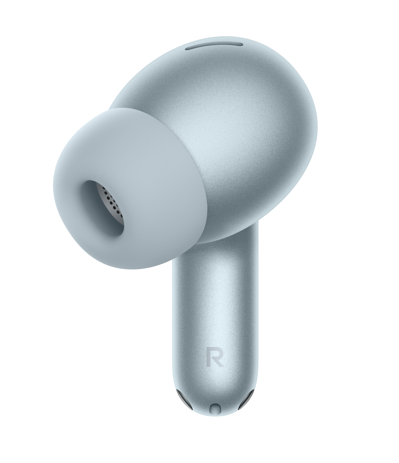 Jasnoniebieski wkładka douszna z oznaczeniem R na trzpieniu.