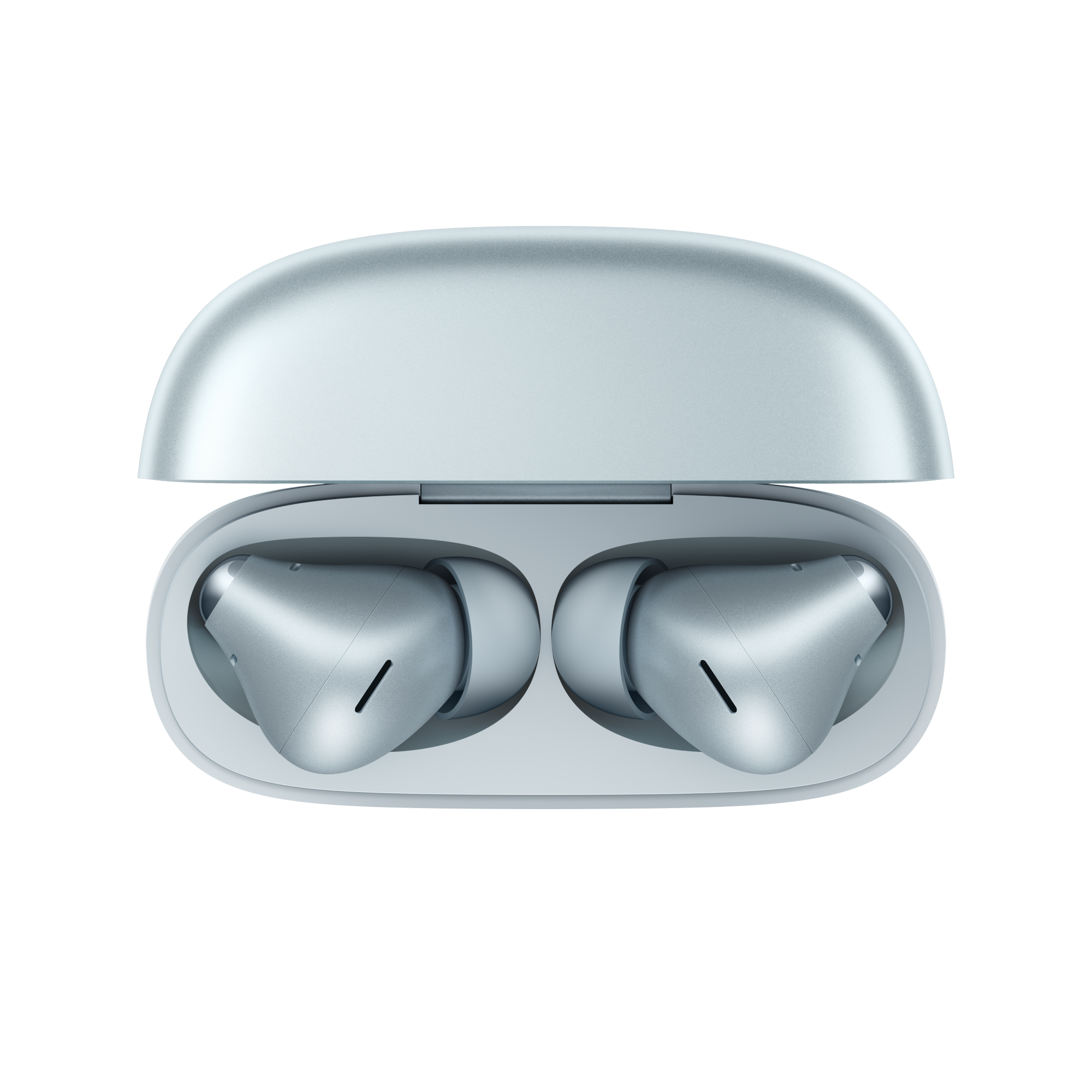 Srebrne słuchawki bezprzewodowe w otwartym etui ładującym, widok z góry.