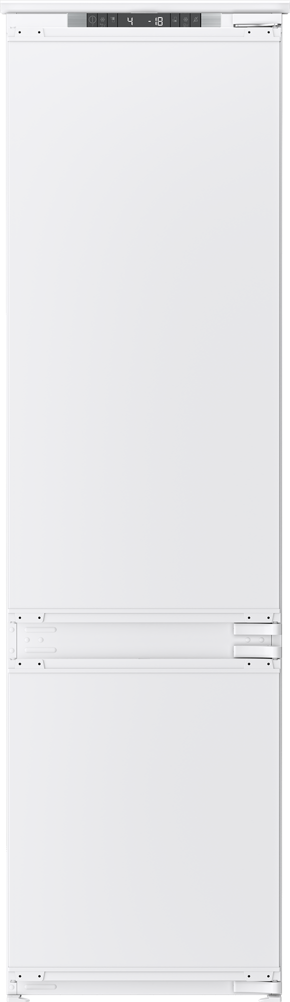 Biała lodówka z zamrażarką i cyfrowym wyświetlaczem temperatury na górze.