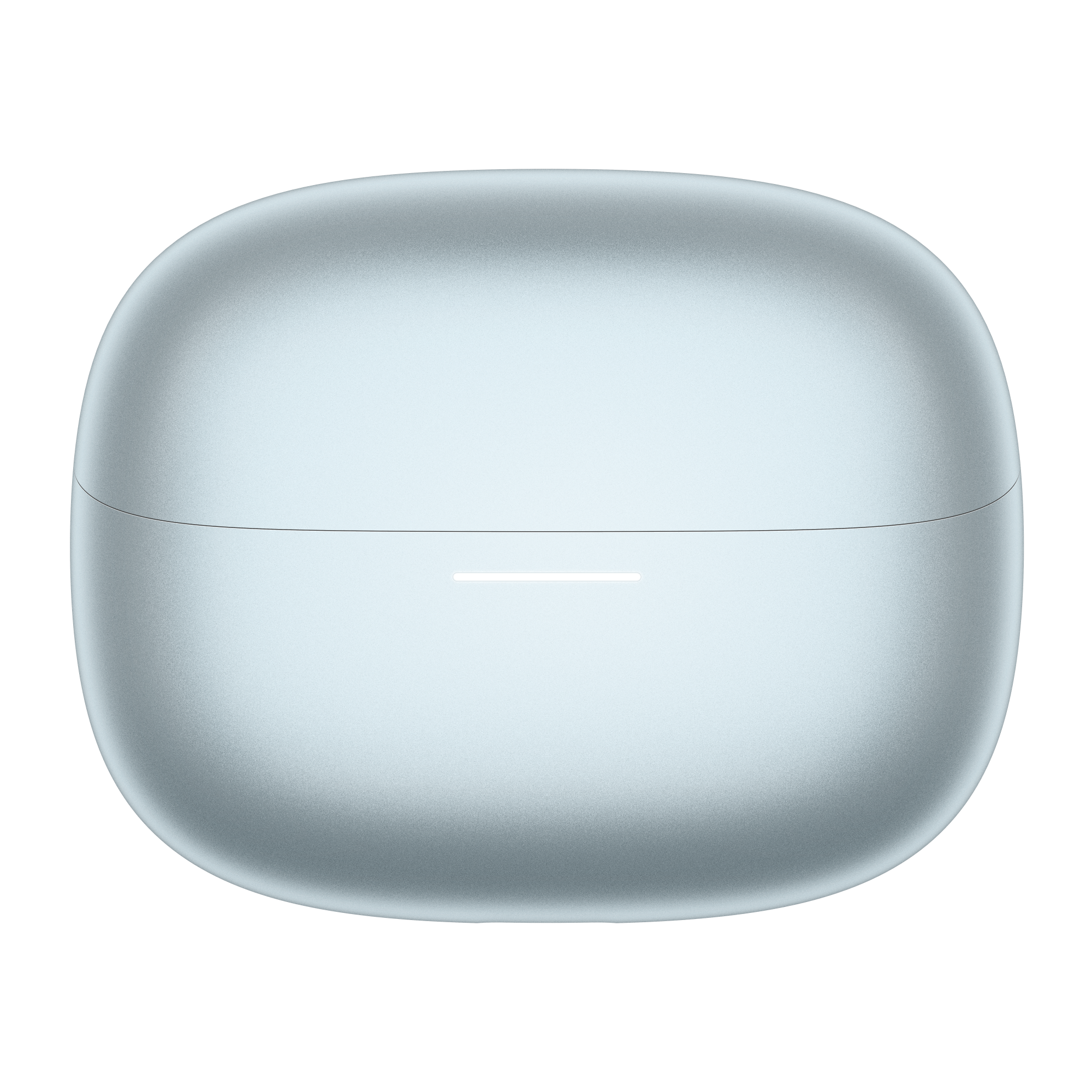 Jasnoniebieskie, zamknięte etui ładujące do słuchawek z cienkim paskiem świetlnym.