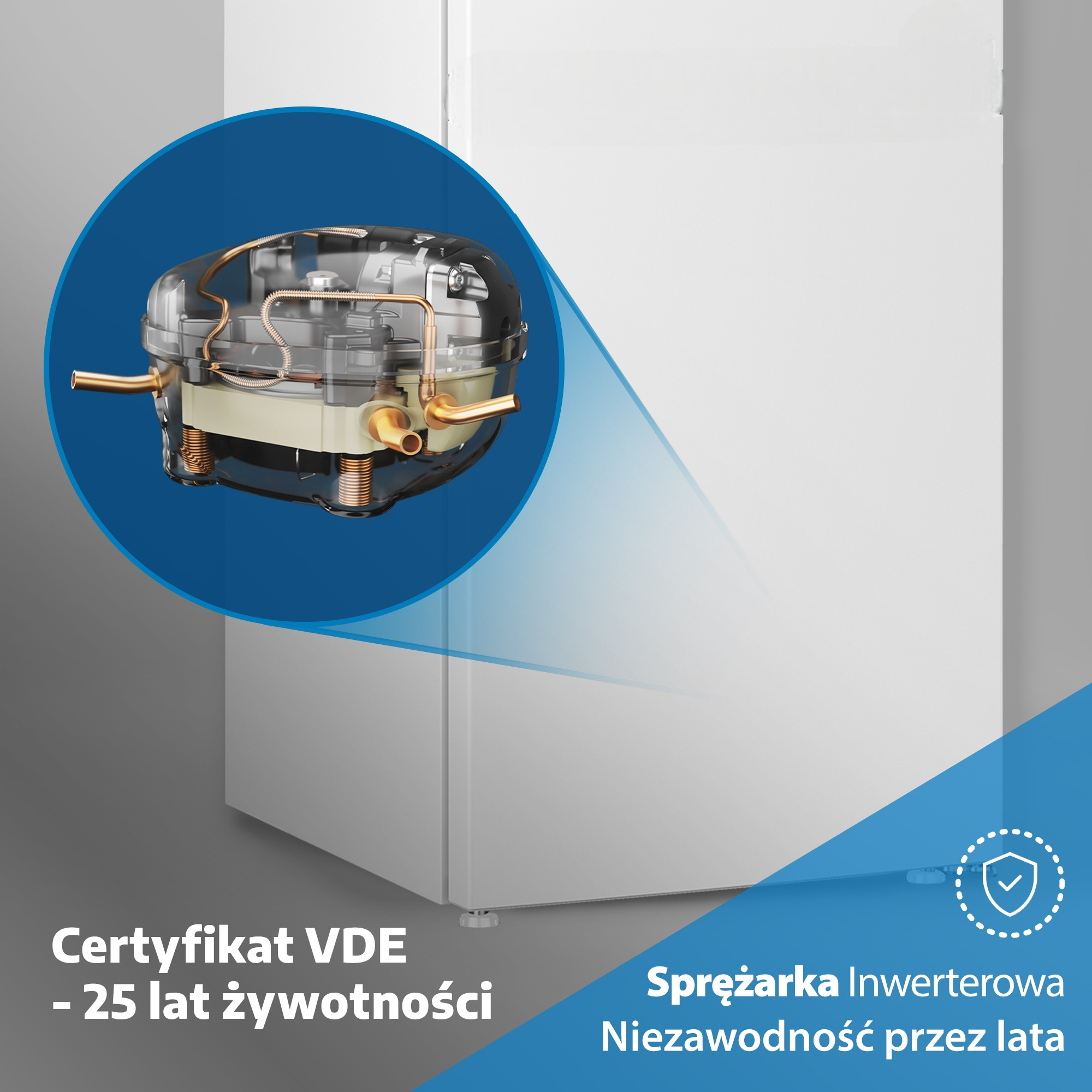 Lodówka z kompresorem inwerterowym, certyfikat VDE na 25 lat.