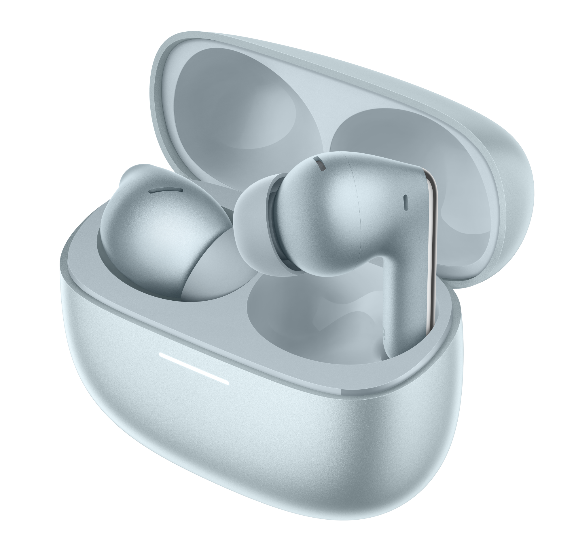 Jasnoniebieskie słuchawki bezprzewodowe w otwartym etui ładującym na czarnym tle.