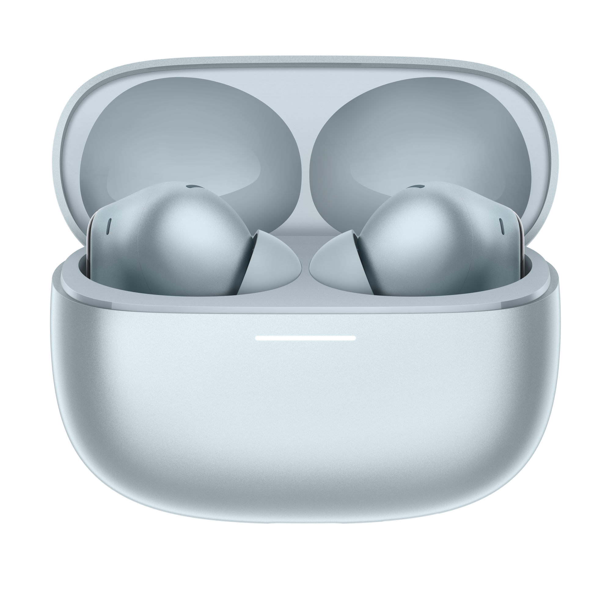 Srebrne słuchawki bezprzewodowe w otwartym etui ładującym na niebieskim tle.
