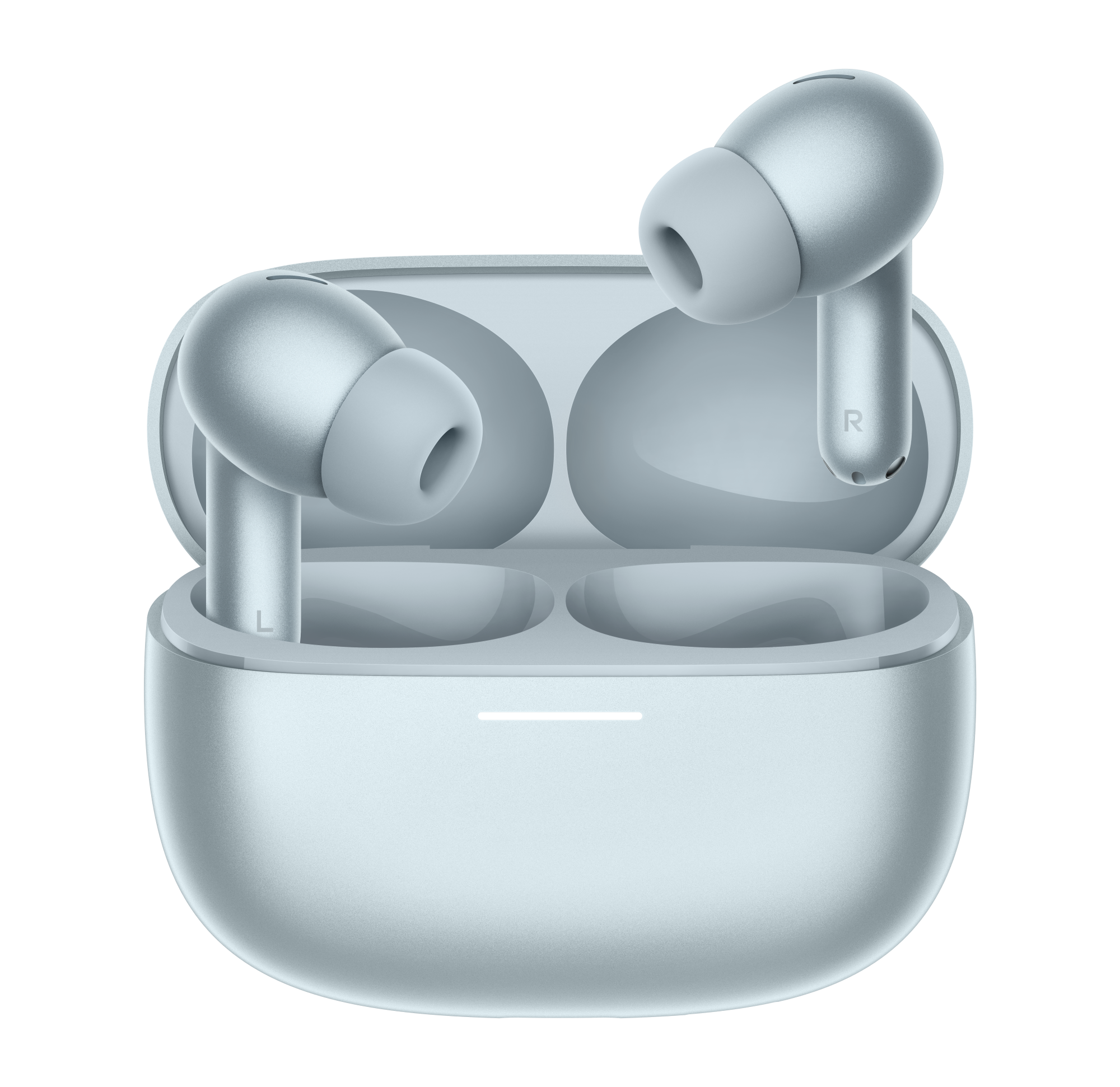 Para jasnoniebieskich słuchawek bezprzewodowych w otwartym etui ładującym.