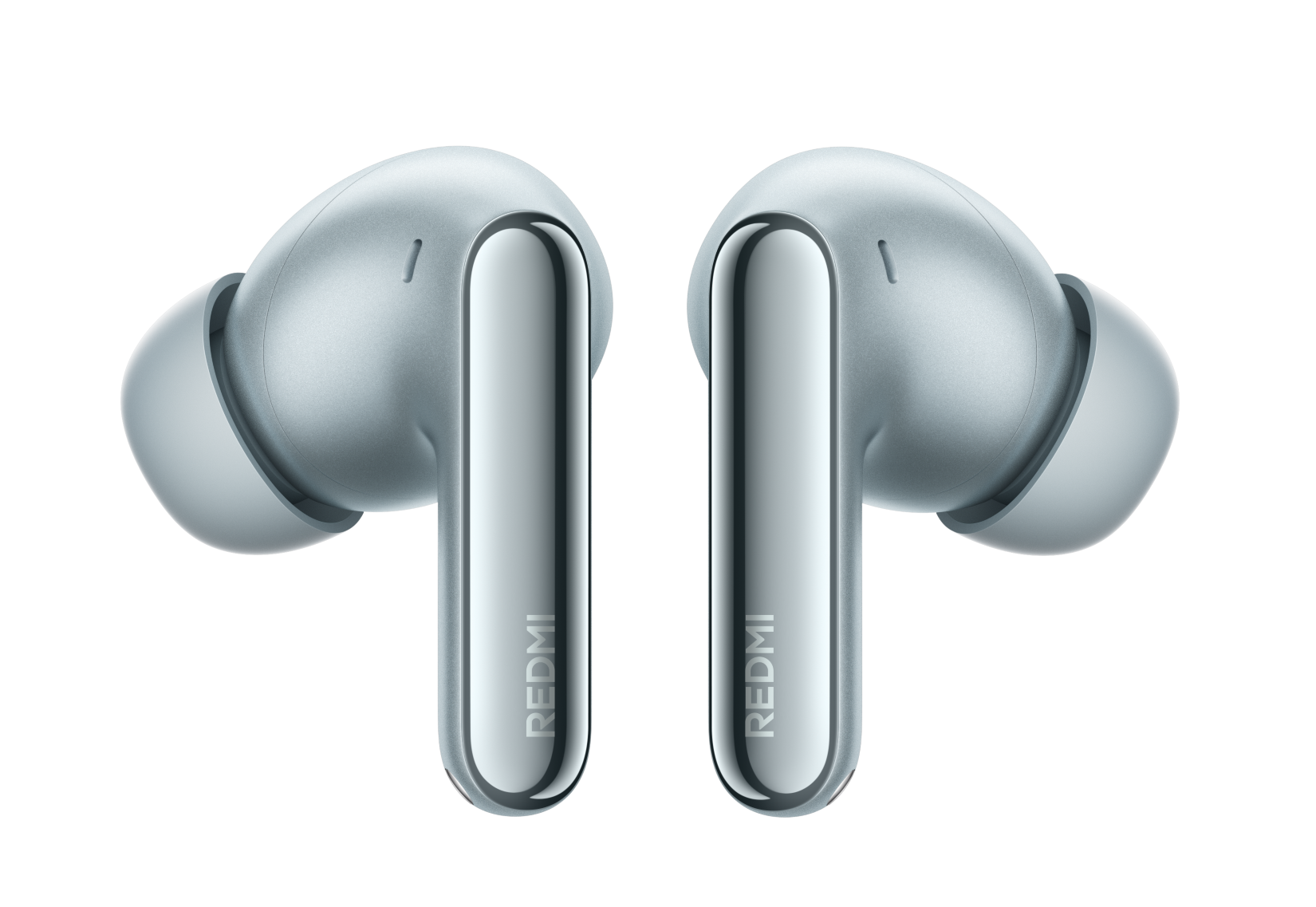 Dwa jasnoniebieskie słuchawki bezprzewodowe ze srebrnymi trzonkami na czarnym tle.