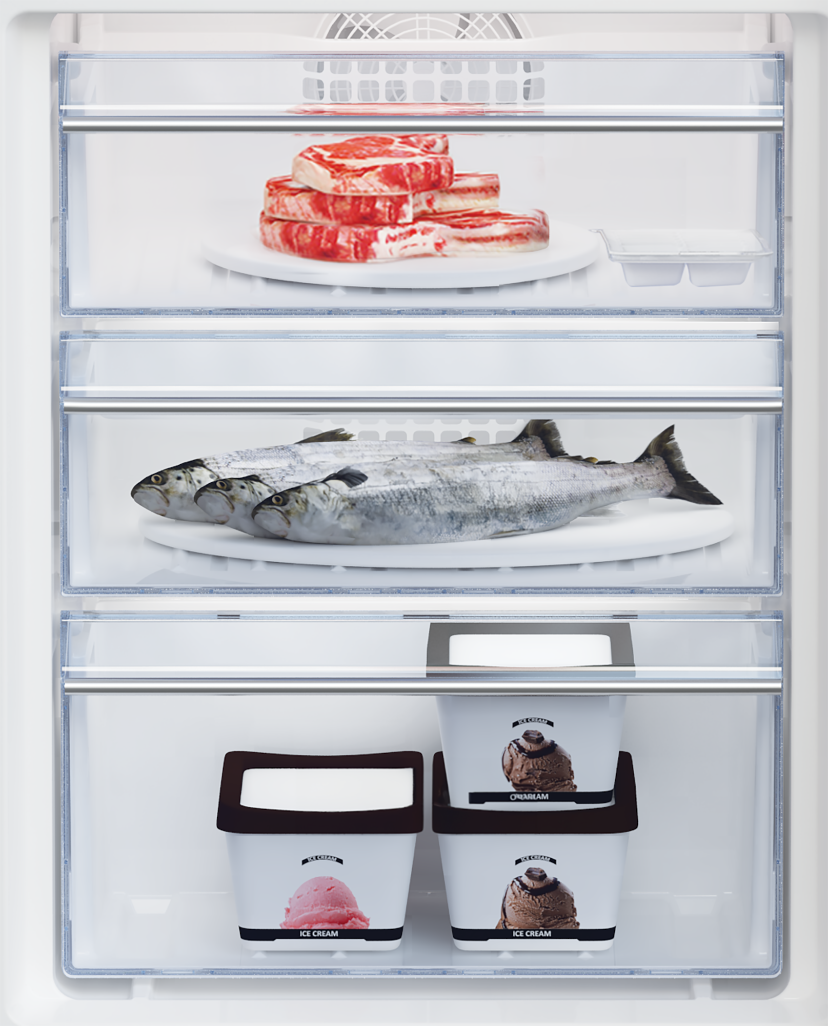 Surowe mięso, ryby i lody w lodówce.