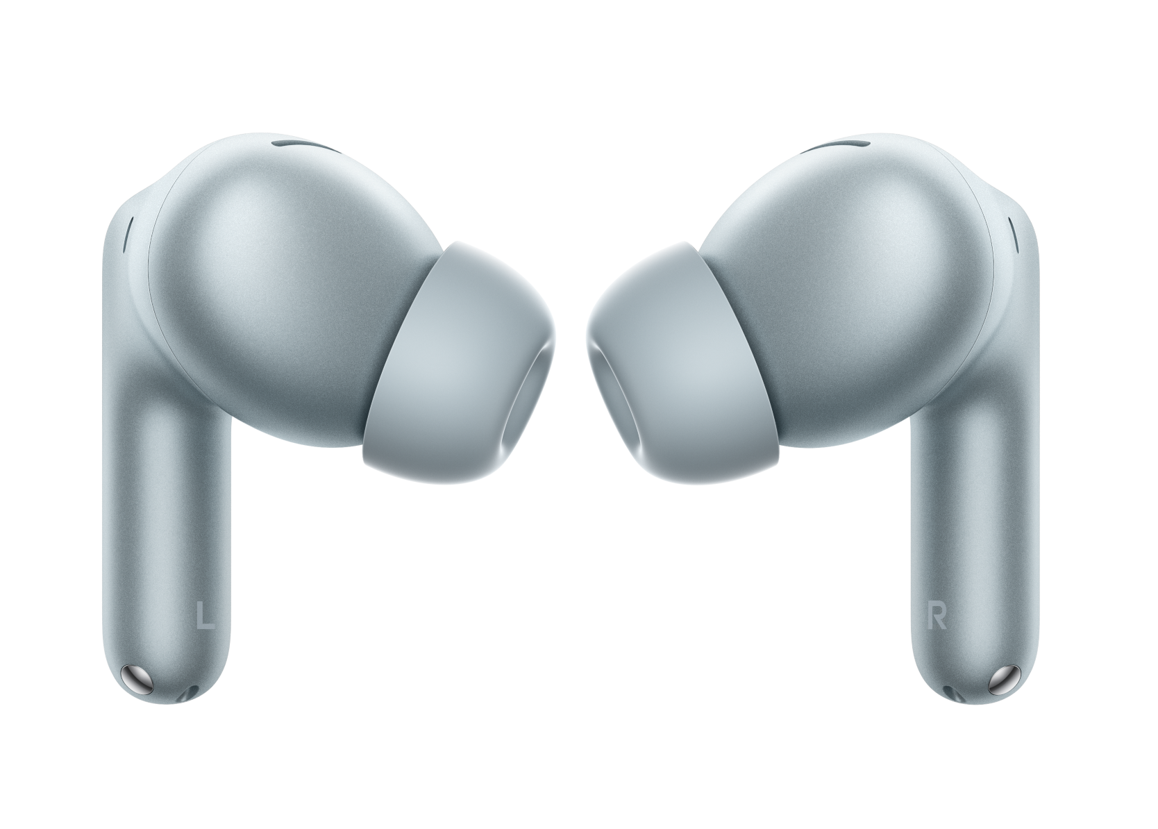 Dwa jasnoniebieskie słuchawki bezprzewodowe z czarnymi trzonkami na czarnym tle.