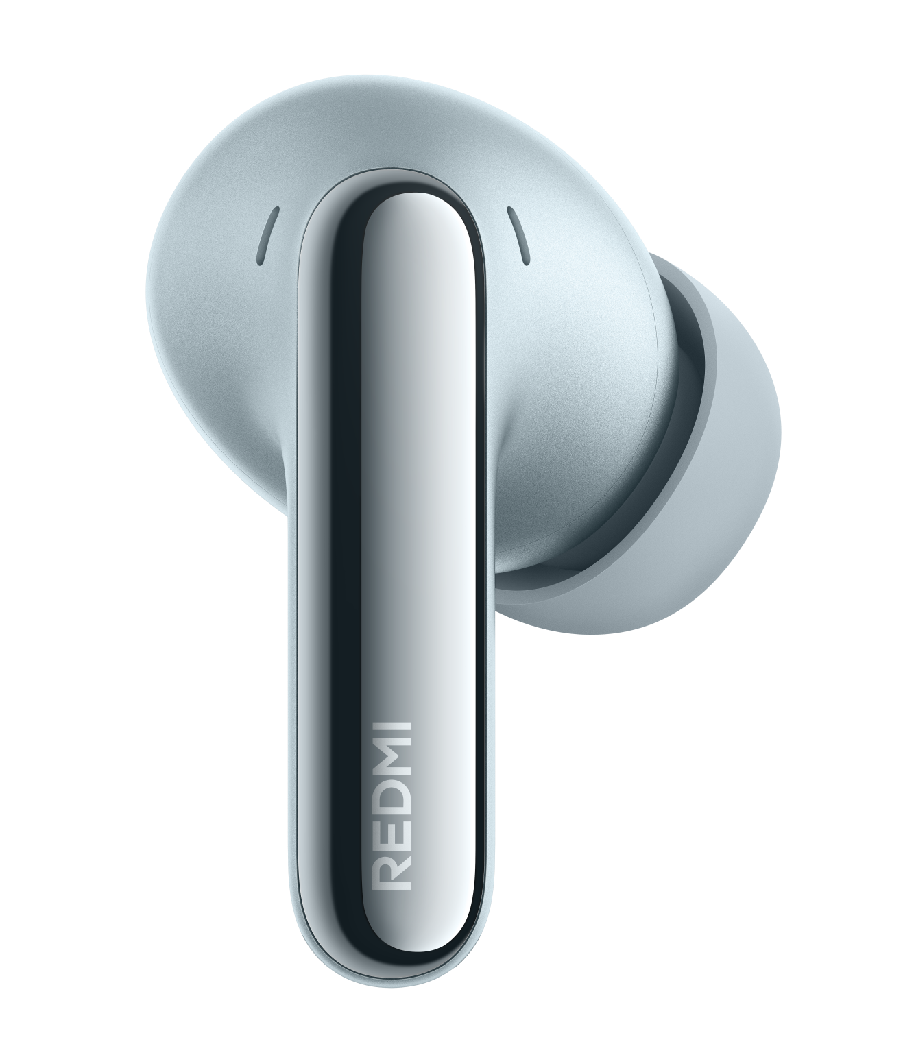 Jasnoniebieska słuchawka bezprzewodowa z srebrną łodyżką na czarnym tle.