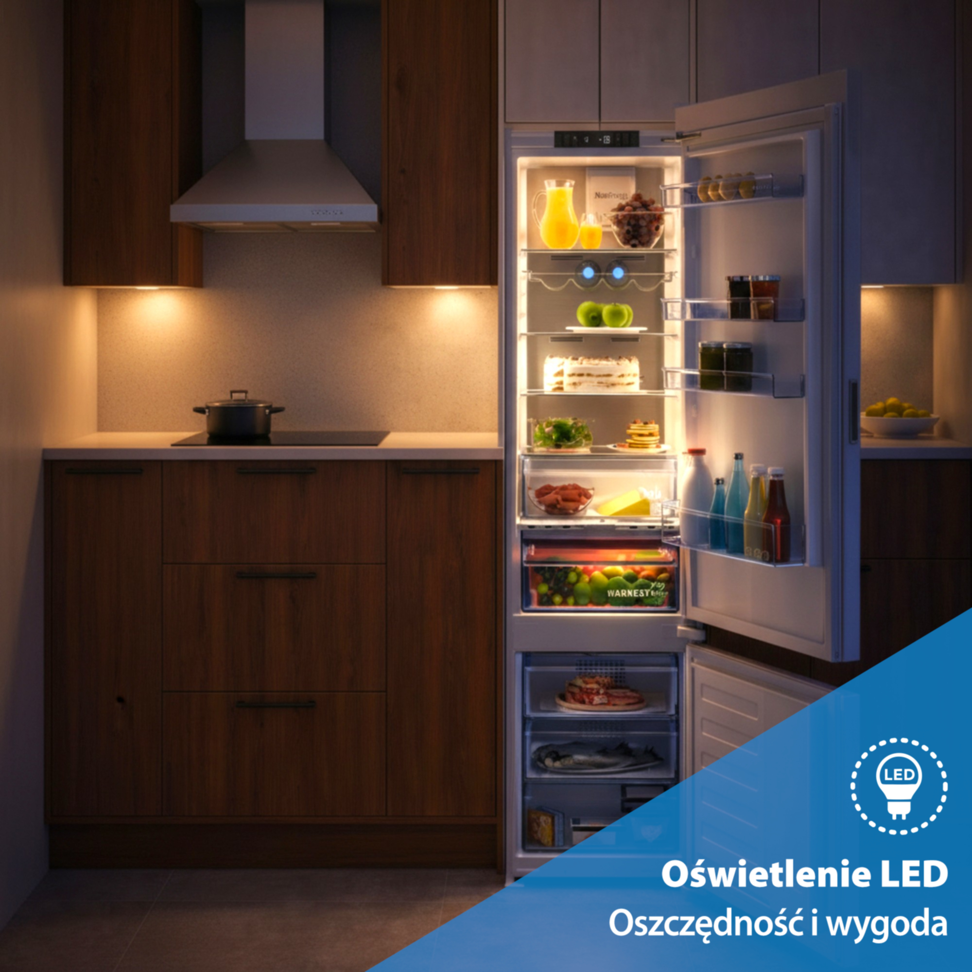 Otwarta lodówka z jedzeniem i oświetleniem LED. Kuchnia z okapem.