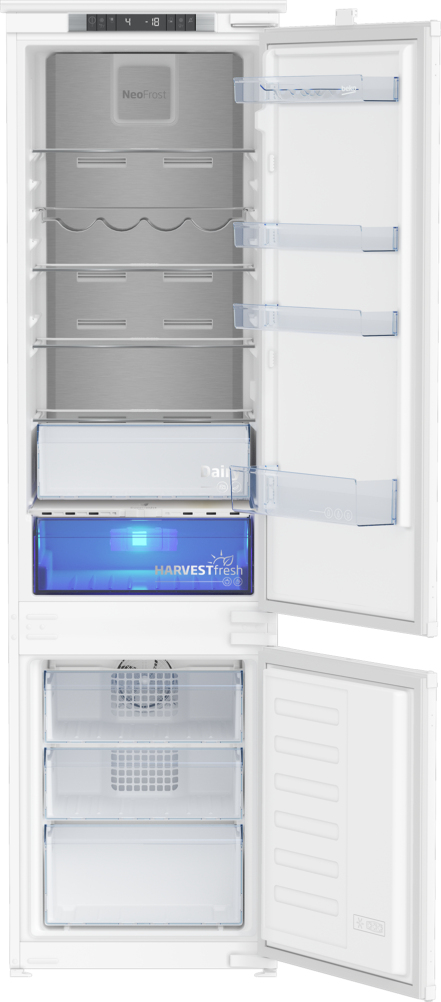 Otwarta biała lodówka z szklanymi półkami i dwiema szufladami.