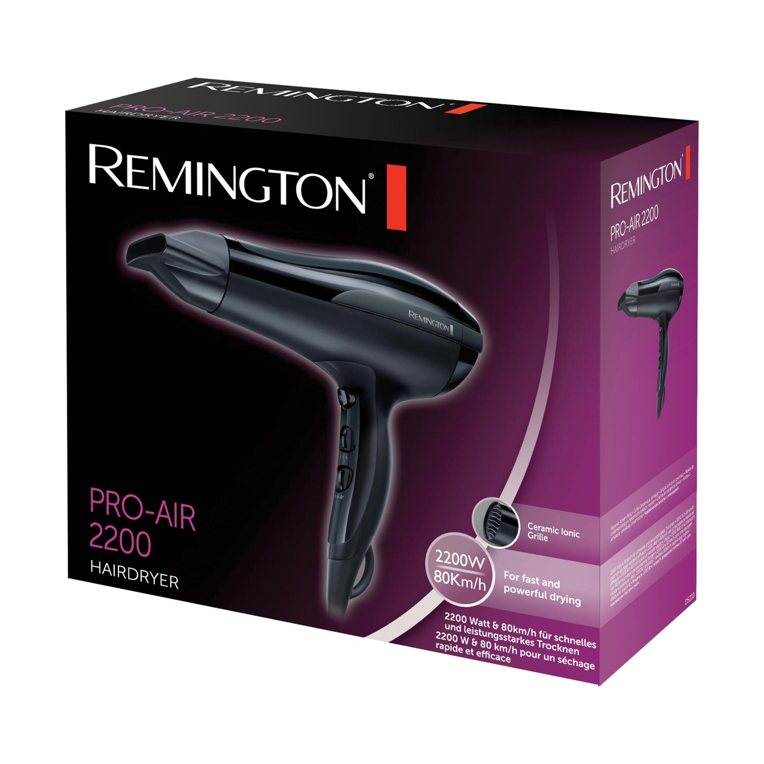 Scatola di un asciugacapelli Remington Pro-Air 2200 nero con dettagli.