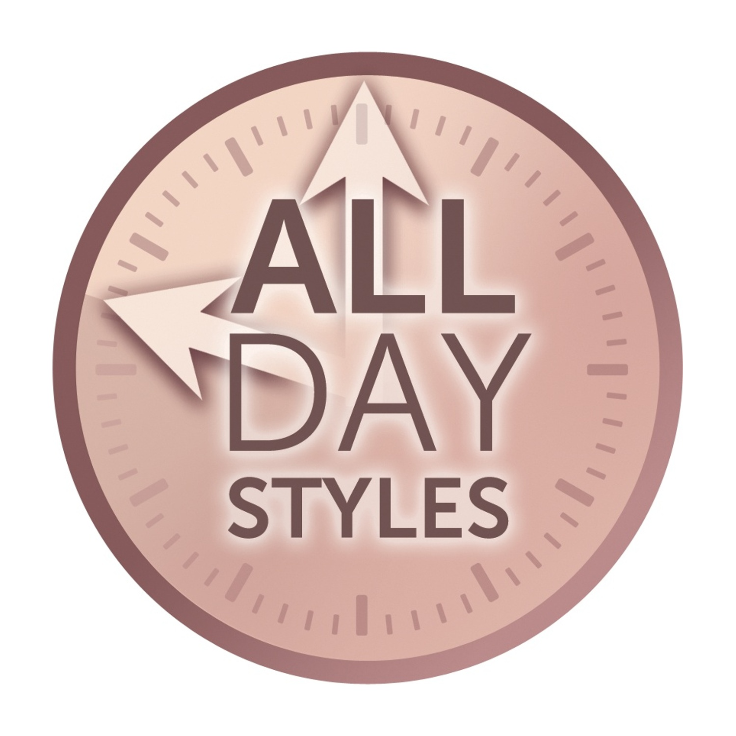 Simbolo di orologio con testo 'ALL DAY STYLES' e frecce.