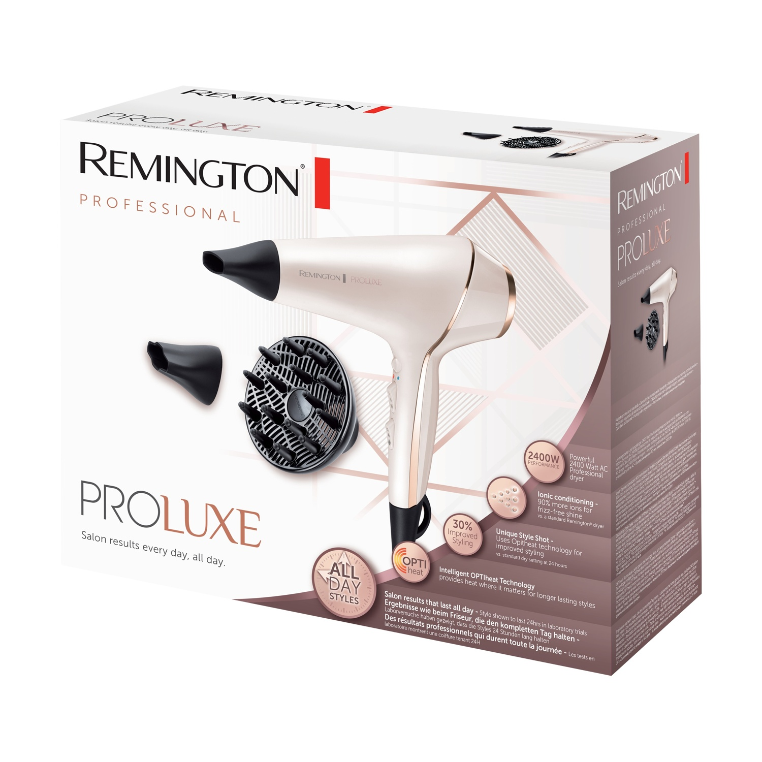 Un asciugacapelli Remington PROLUXE con accessori e confezione.