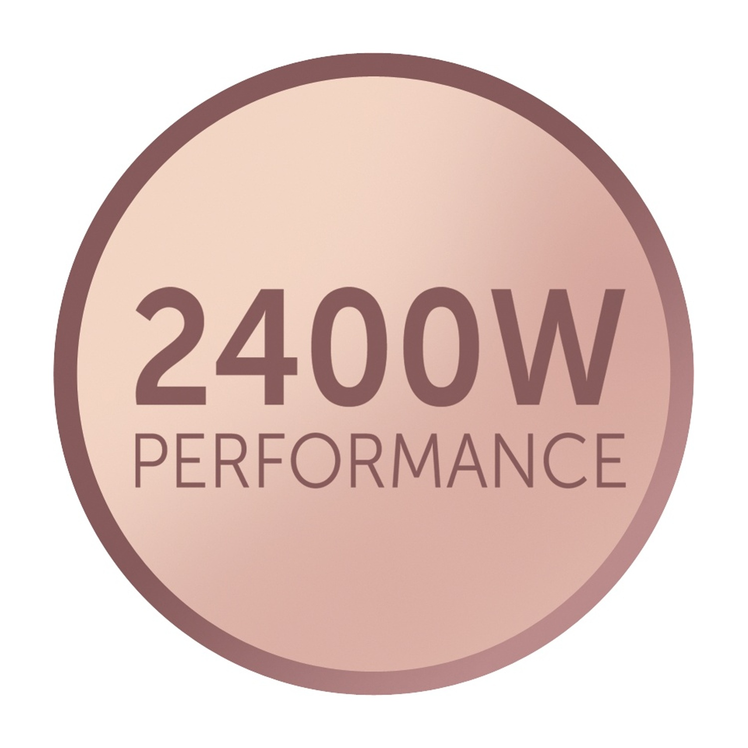 Cerchio con testo "2400W PERFORMANCE" in tonalità rosa e marrone.