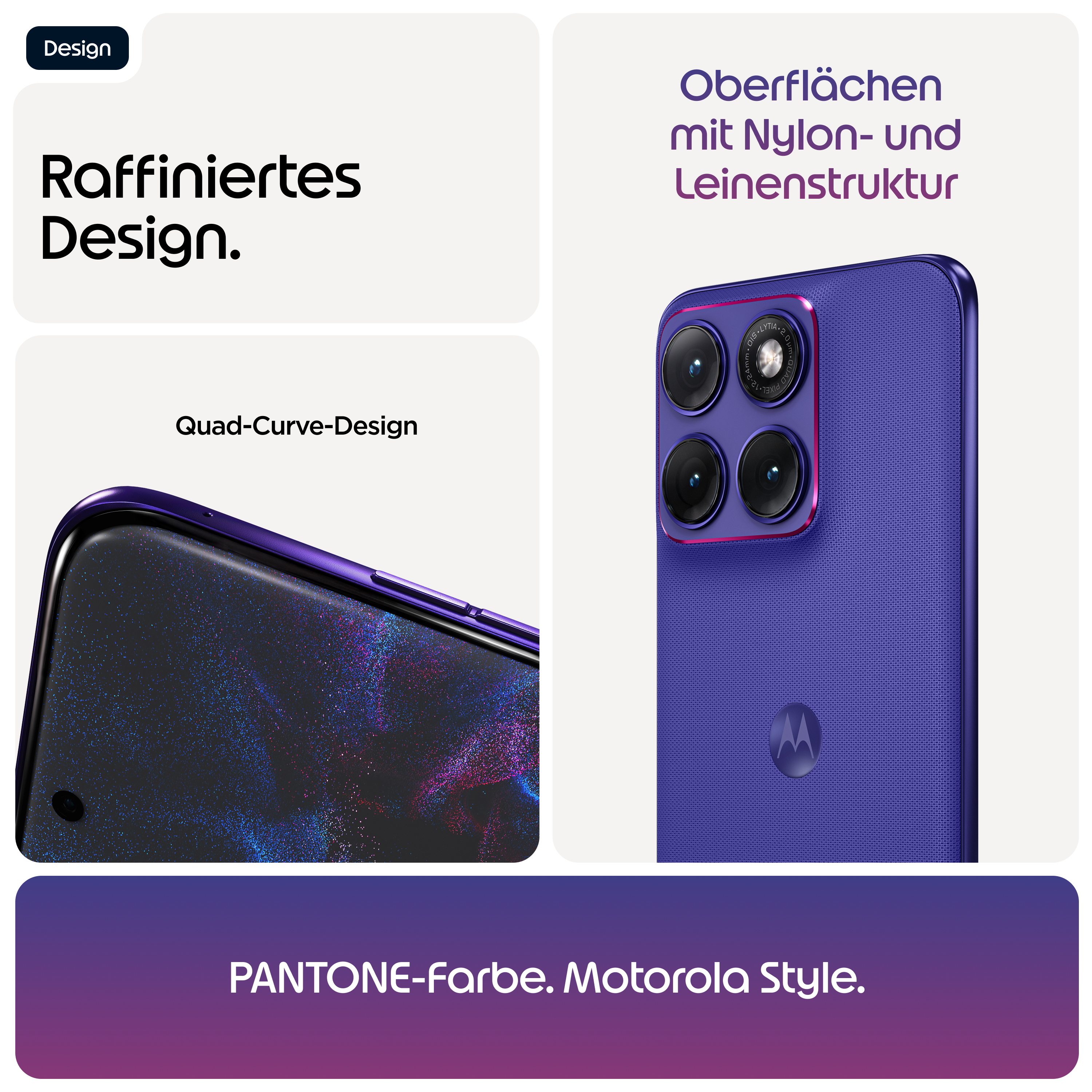 Ein violetter Motorola-Stil mit Quad-Kamera und Textur.