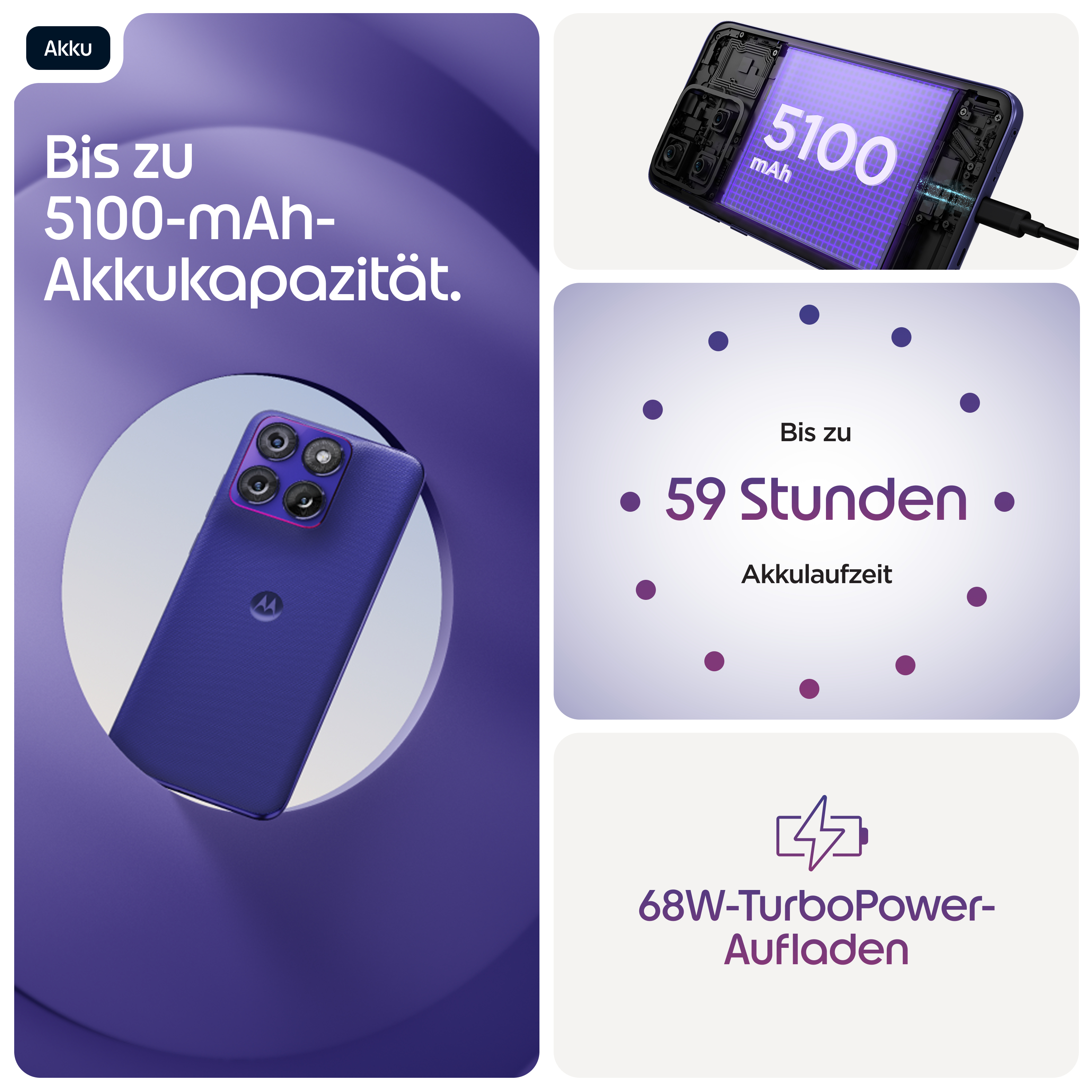 Lila Smartphone mit 5100 mAh Akku, 59 Std. Akkulaufzeit und 68W TurboPower.