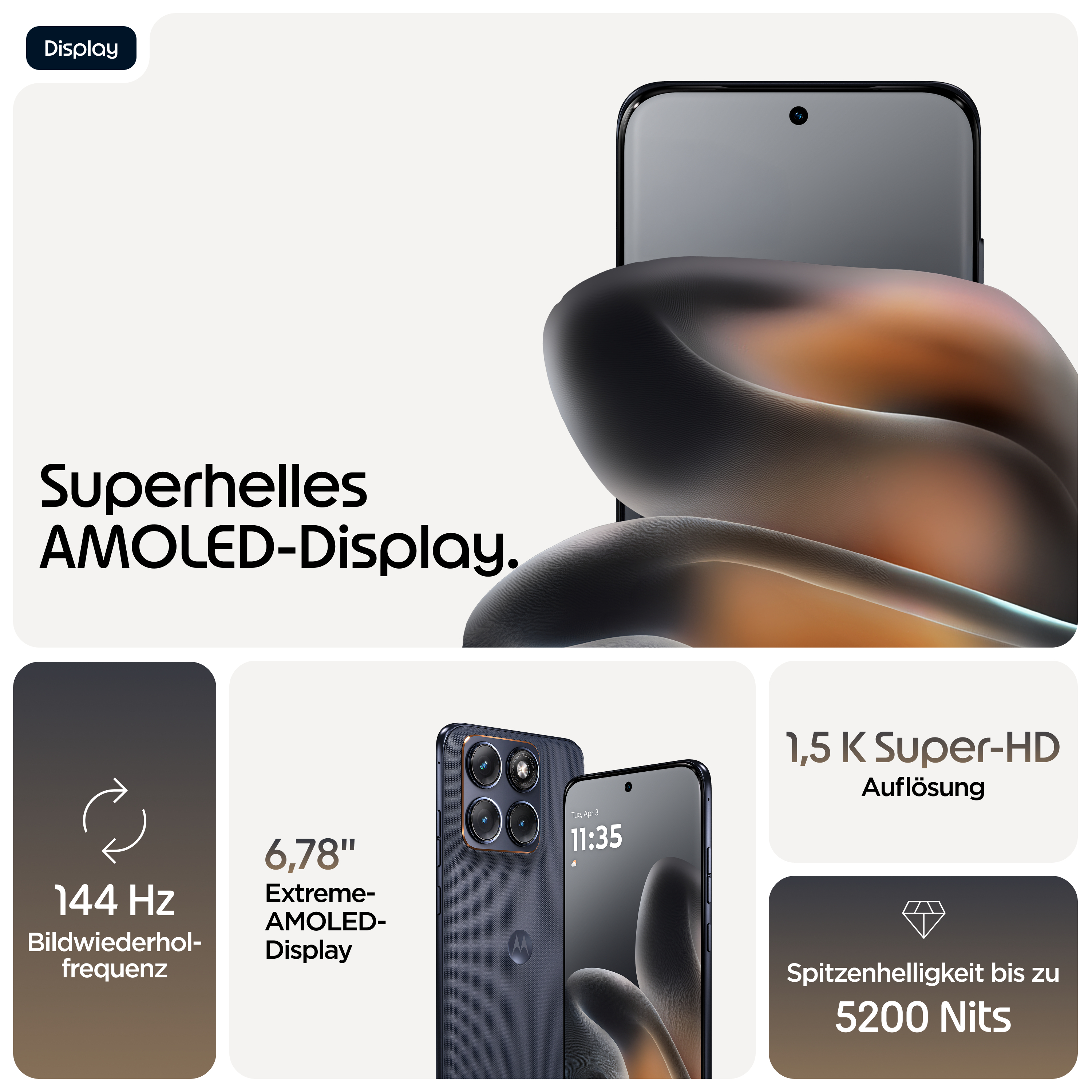 Ein modernes Smartphone mit hellem AMOLED-Display, 144Hz und 5200 Nits.