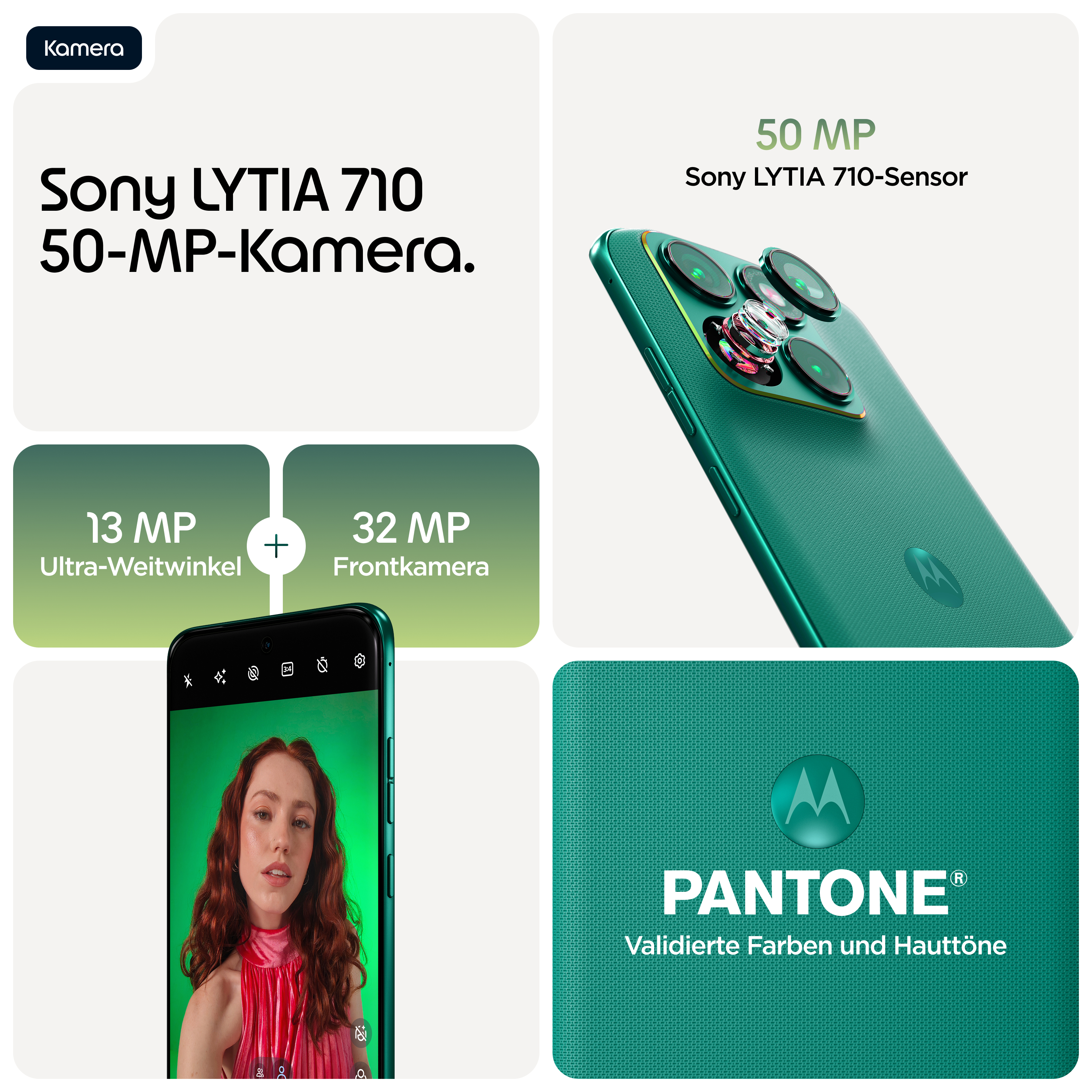 Motorola Handy mit 50MP Sony LYTIA 710 Sensor, 13MP Ultra-Weitwinkel, 32MP Frontkamera.