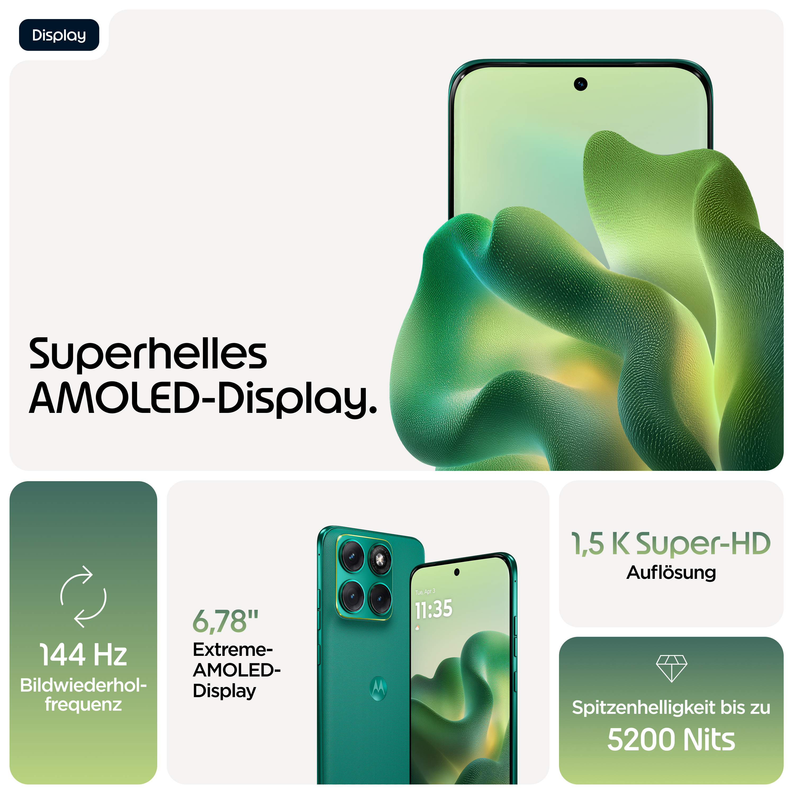 Grünes Smartphone mit AMOLED-Display, 144 Hz, 6,78 Zoll, 1,5K Auflösung.