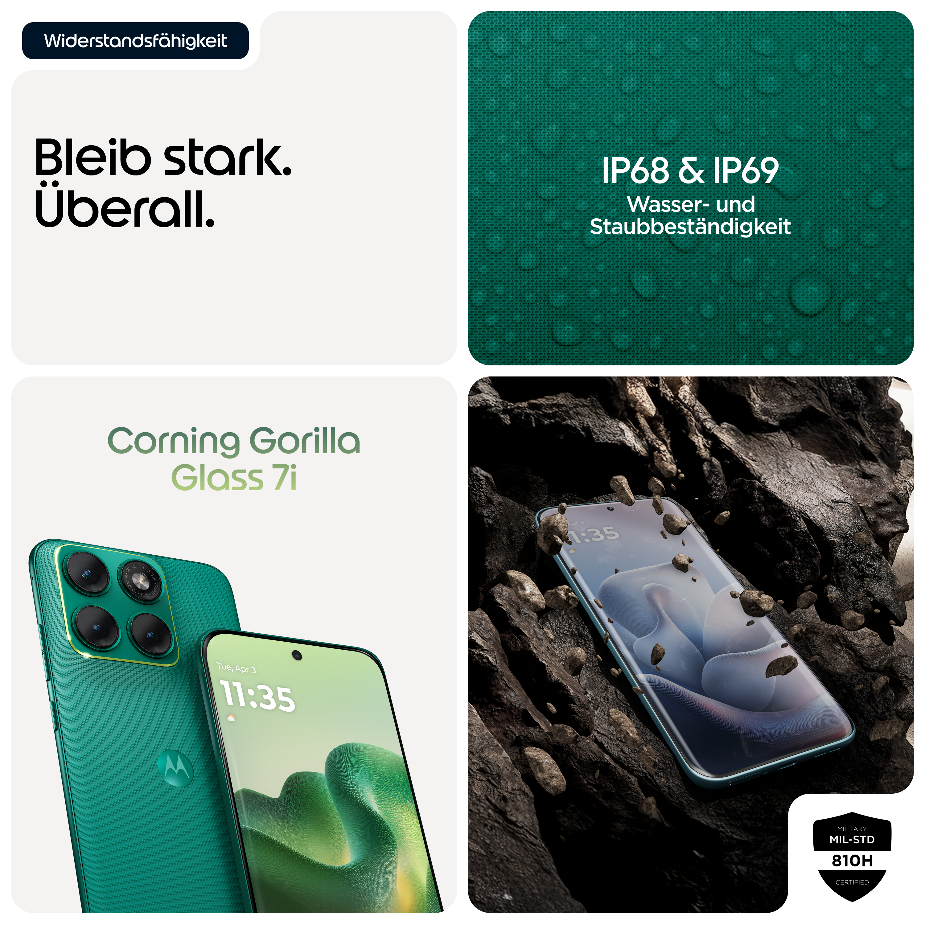 Grünes Smartphone mit IP68/IP69-Zertifizierung, Corning Gorilla Glass 7i.