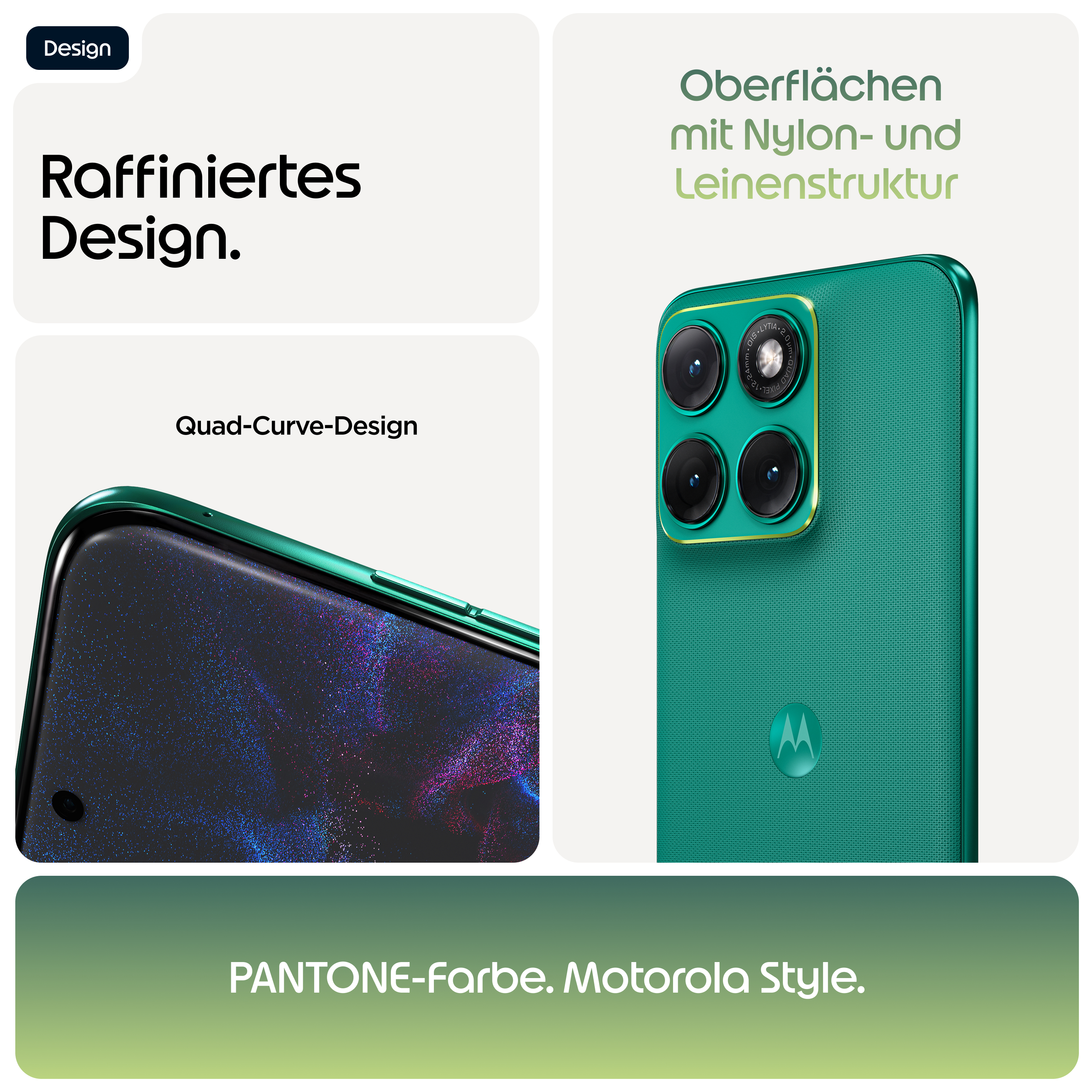Ein grünes Motorola Handy mit Quad-Kamera und Textur.