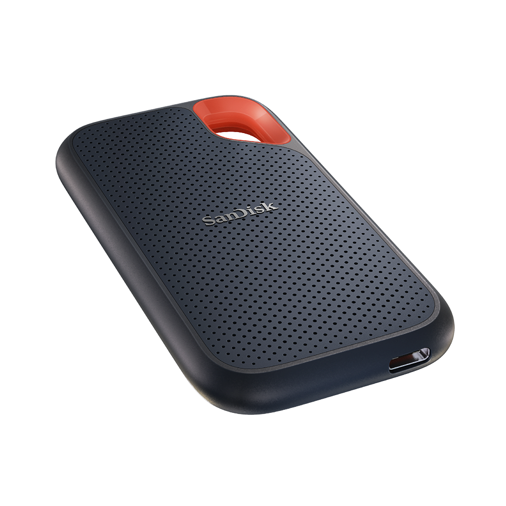 Kırmızı halkalı, delikli desenli lacivert SanDisk SSD.