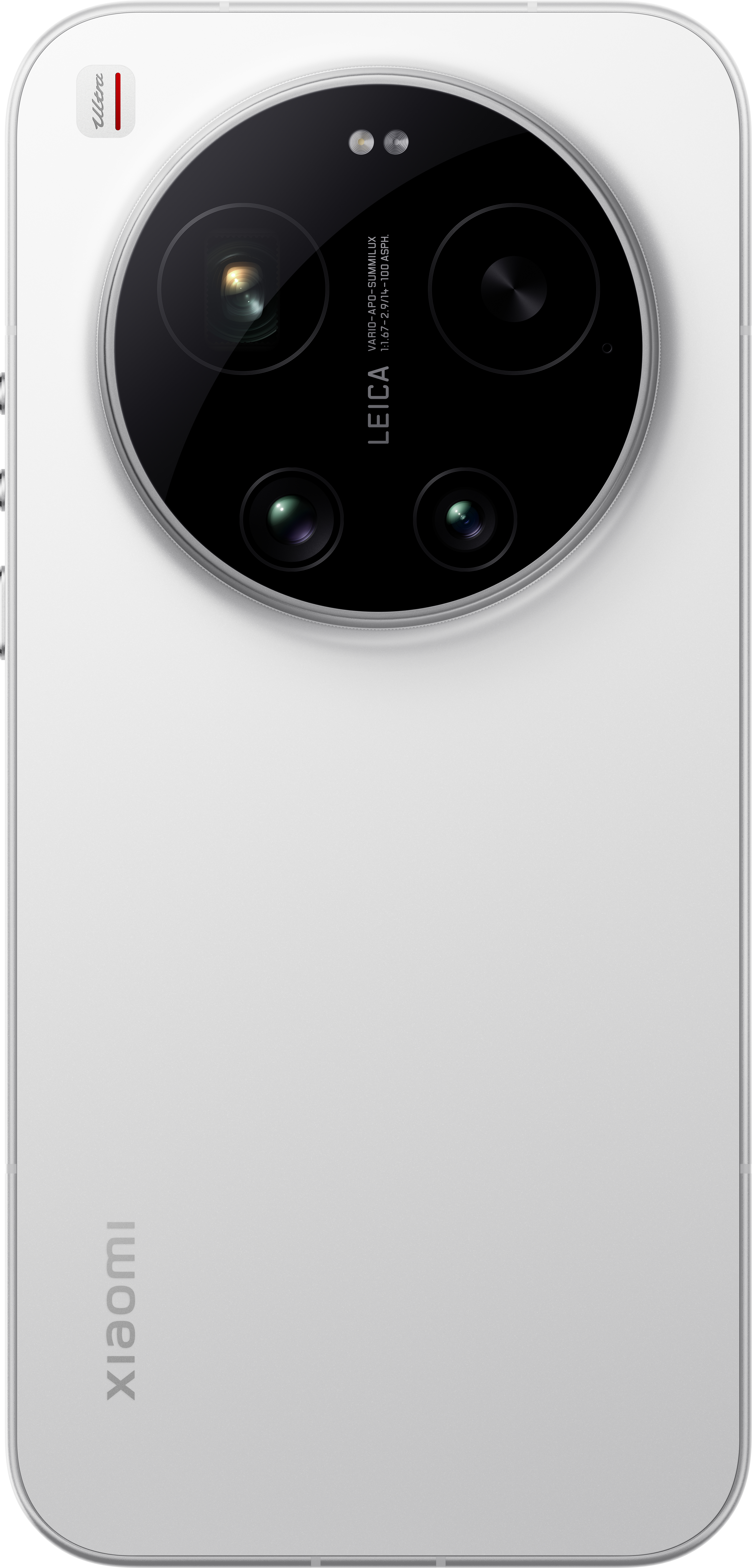Ein weißes Smartphone mit vier Kameras und Leica-Aufschrift.