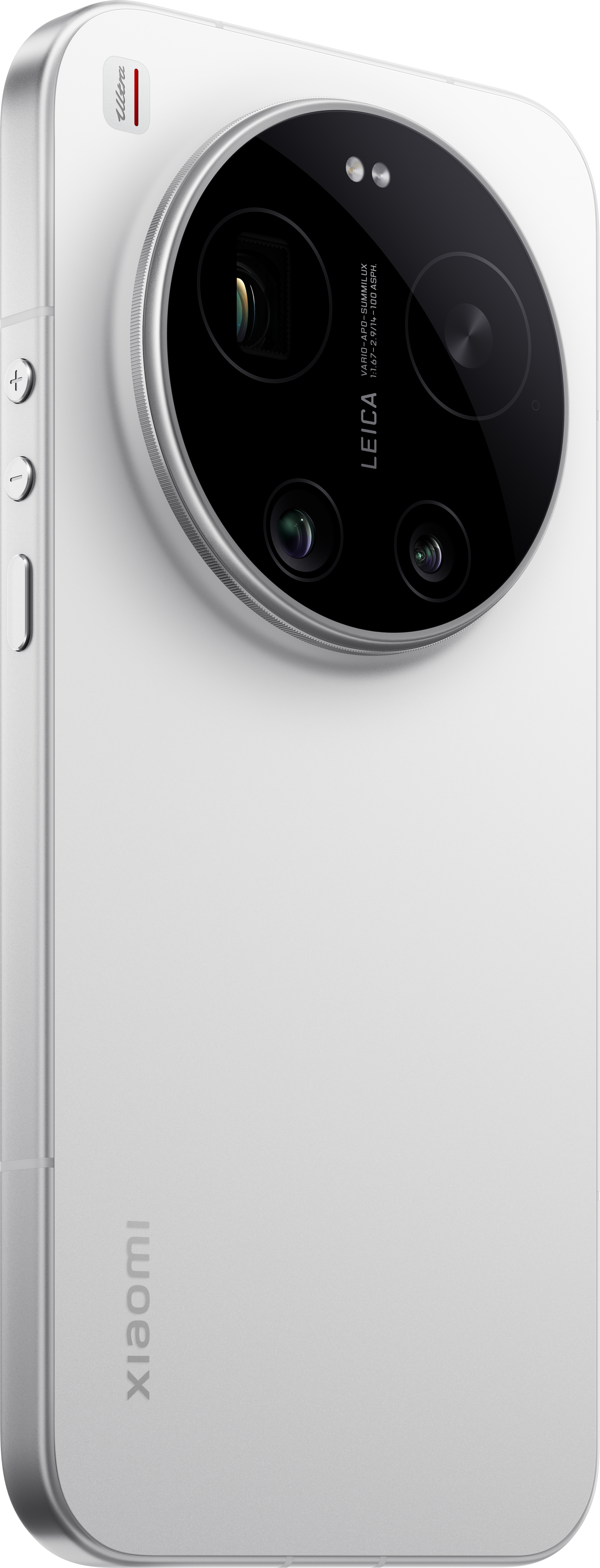 Ein weißes Smartphone mit silbernem Rahmen und einem großen Kameramodul.