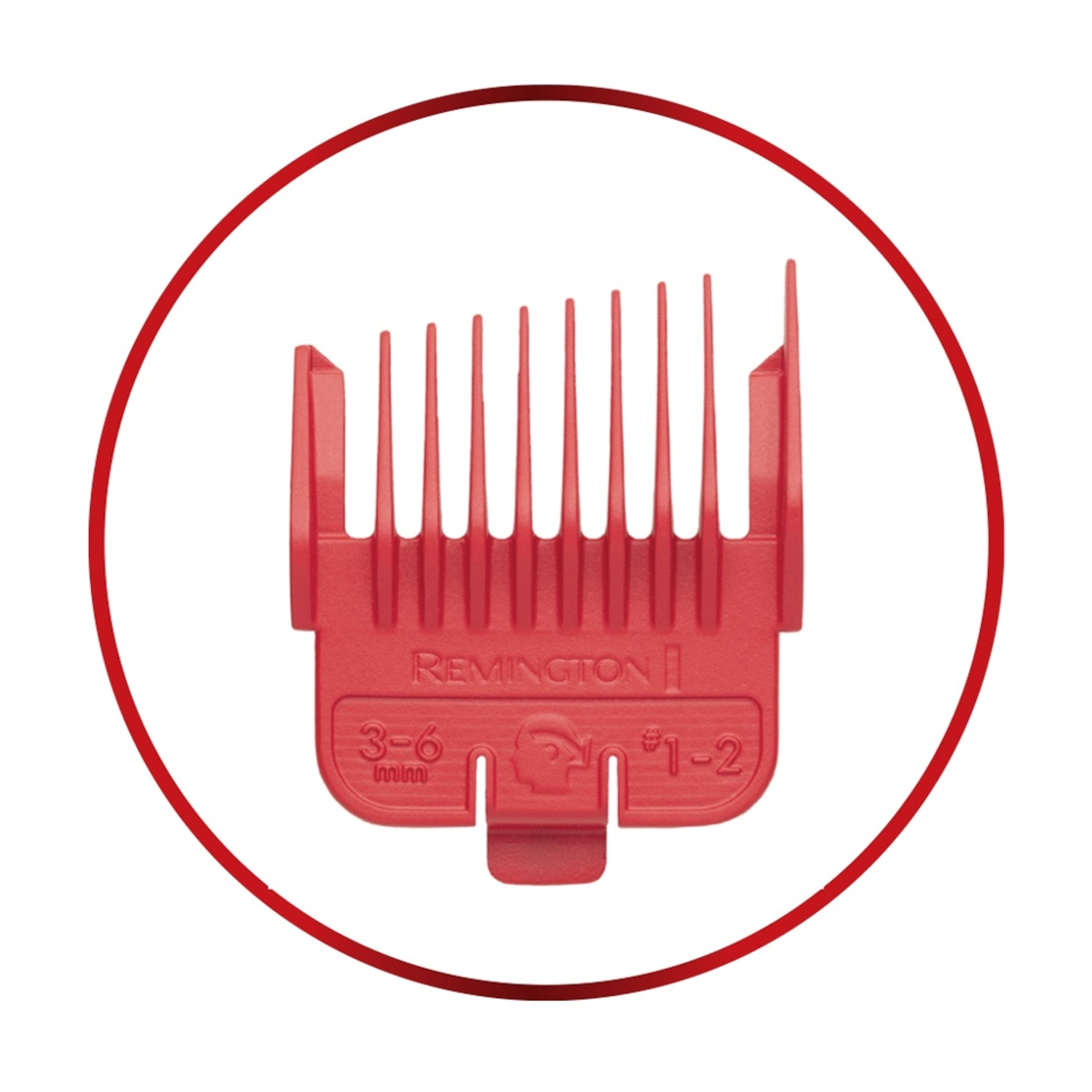 Un pettine rosso per tagliacapelli Remington con numeri e segni.