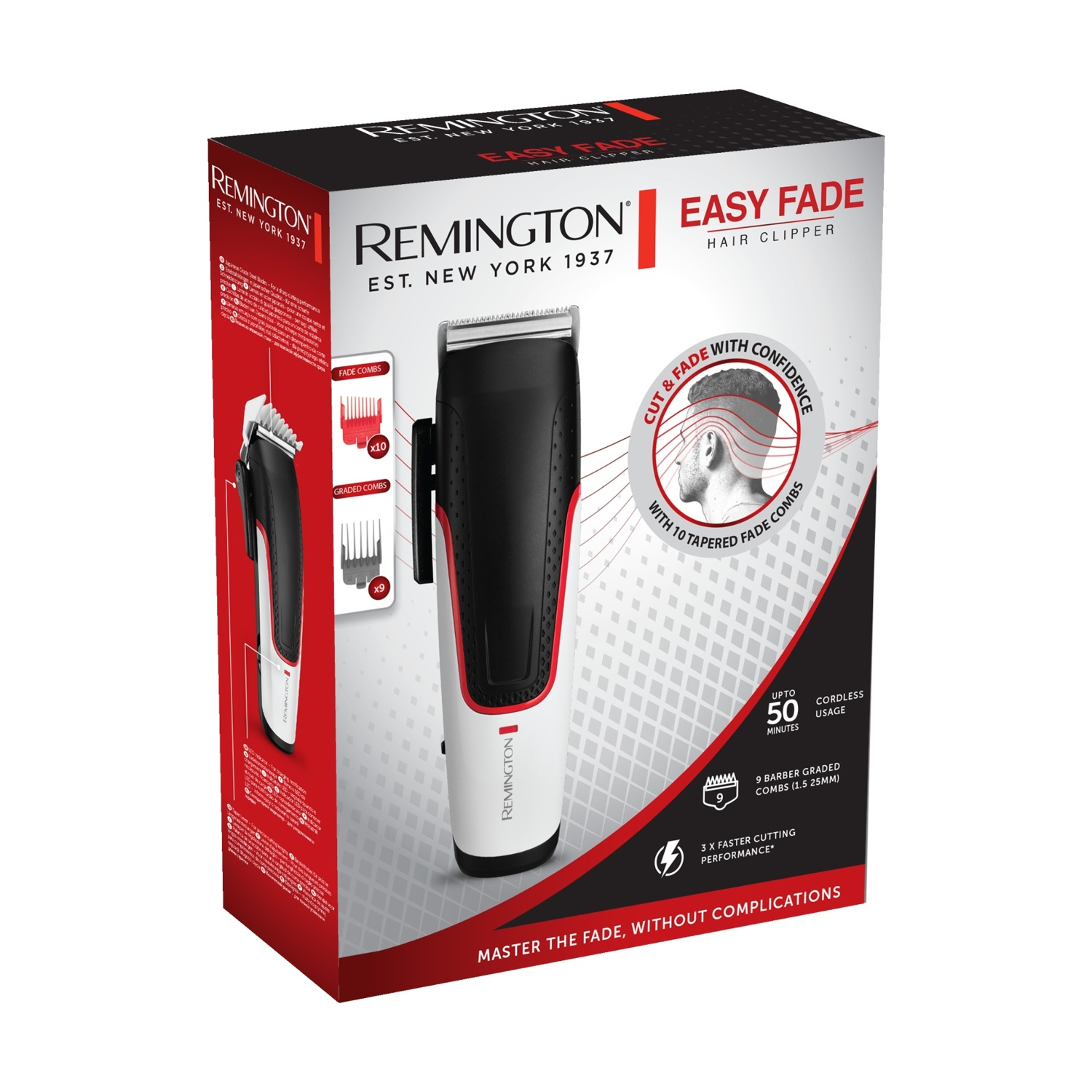 Confezione di un tagliacapelli Remington con accessori e caratteristiche del prodotto.