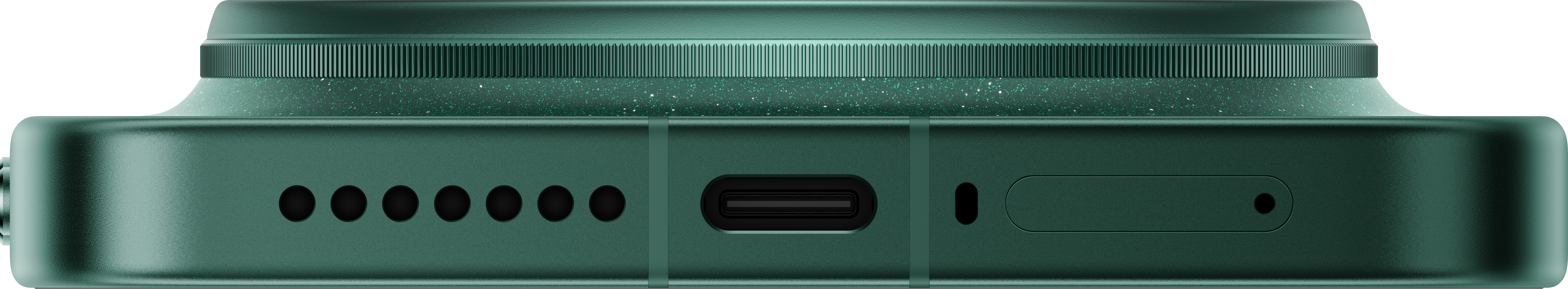 Nahaufnahme eines grünen Smartphones mit USB-C-Anschluss, Lautsprecheröffnungen und einem Stiftsteckplatz.