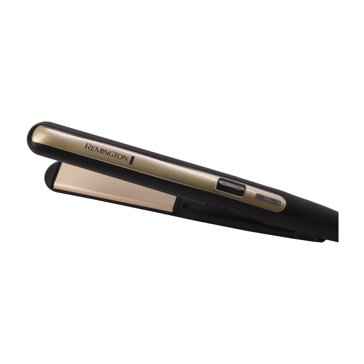 Una piastra per capelli Remington nera con accenti dorati e controlli.