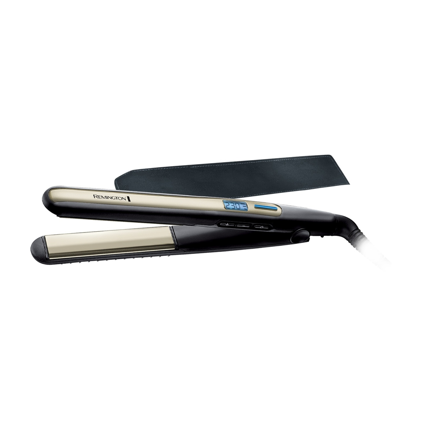 Una piastra per capelli Remington con piastre dorate e corpo nero.