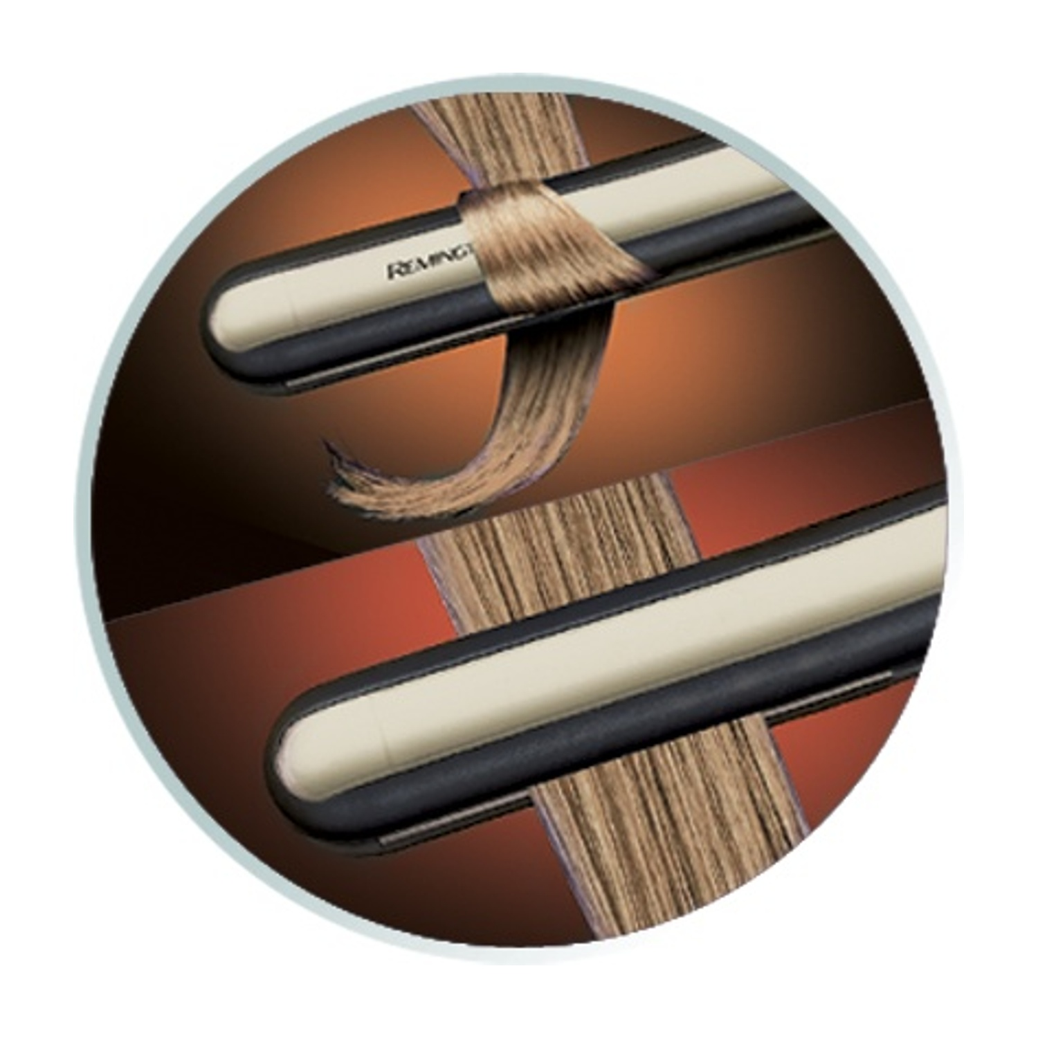 Una piastra per capelli con capelli castano chiaro che passano.