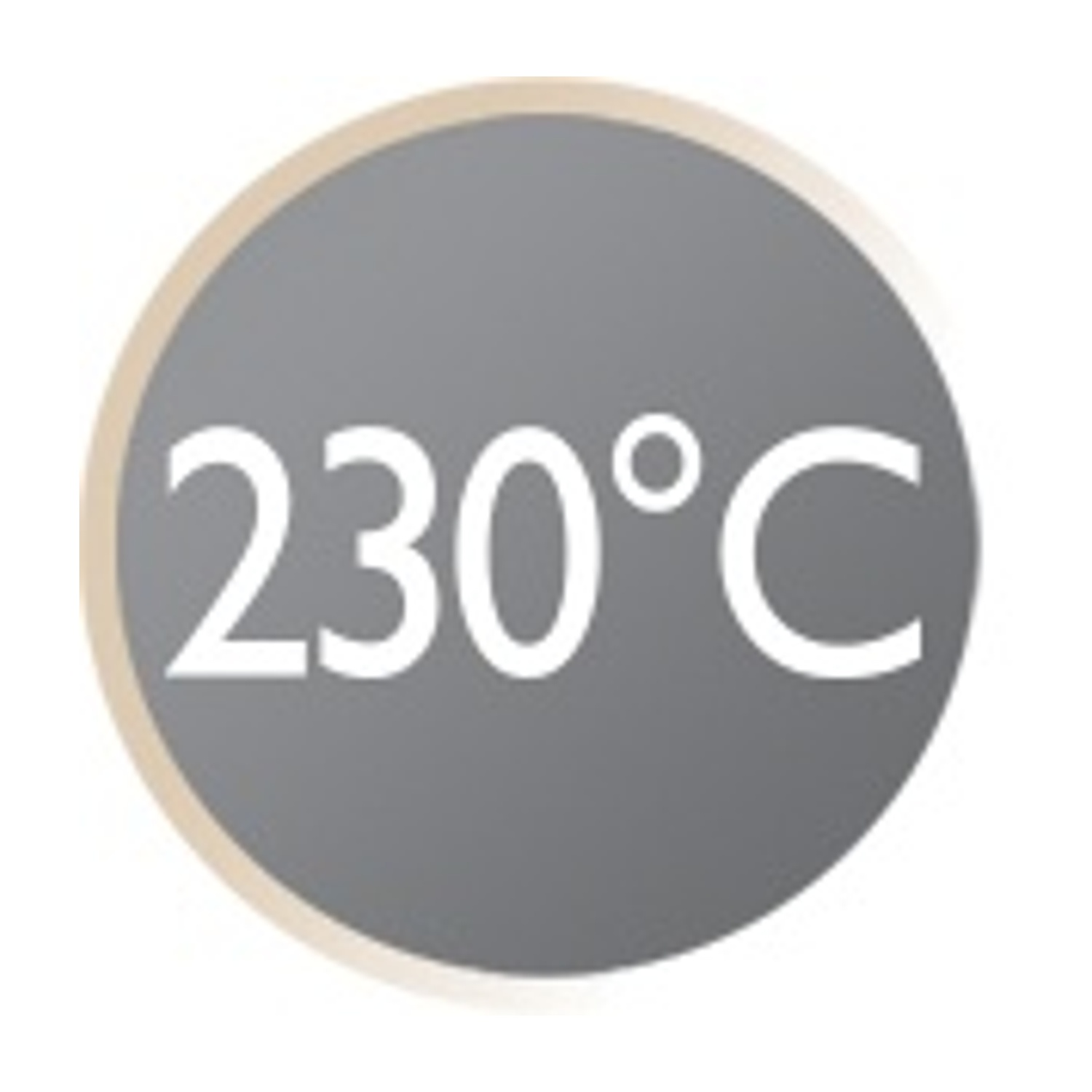 Simbolo che mostra 230 gradi Celsius su sfondo grigio.